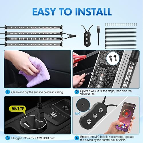 Vista 19 de Nilight 48 luces LED DC 5V Multicolor Music Car Strip Light Under Dash Kit de iluminación con función activa de sonido y control remoto inalámbrico