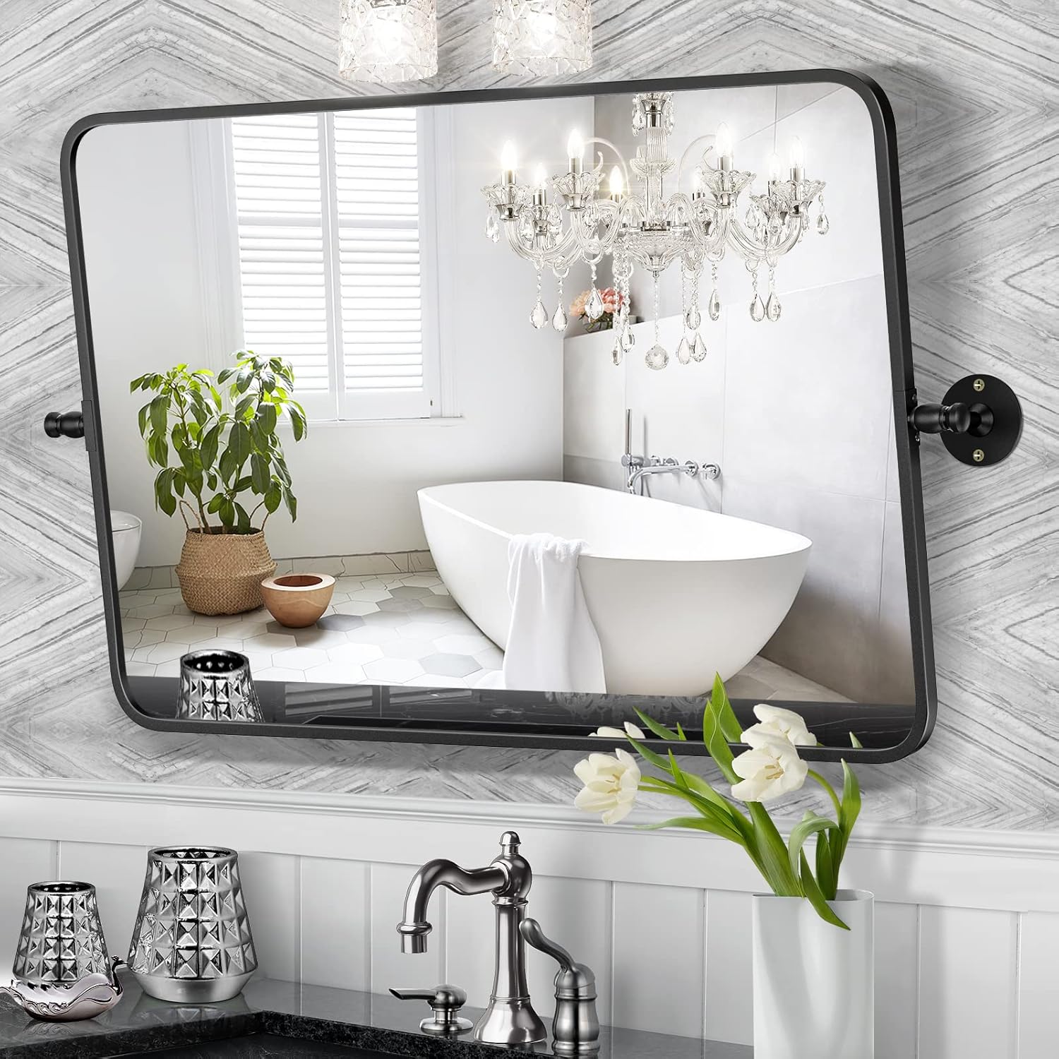 Brightify 22 x 30 Pivot Bathroom Mirror for Wall, Black