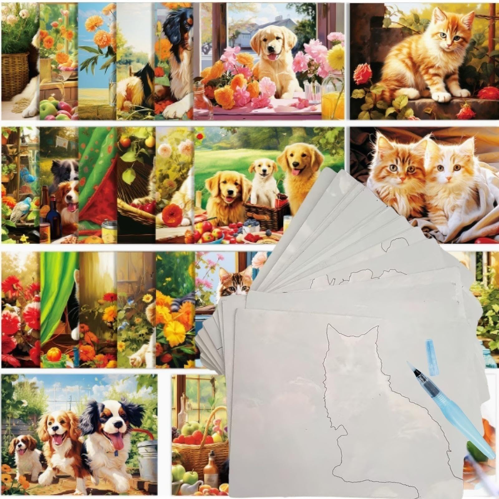FayinLuna 24 Pack Reusable Water Painting Book for Seniors Dementia, No Mess Pet Water Colouring Book, Magic Water Art Therapy Set with Brush, Gifts for Elderly Parents Grandparents