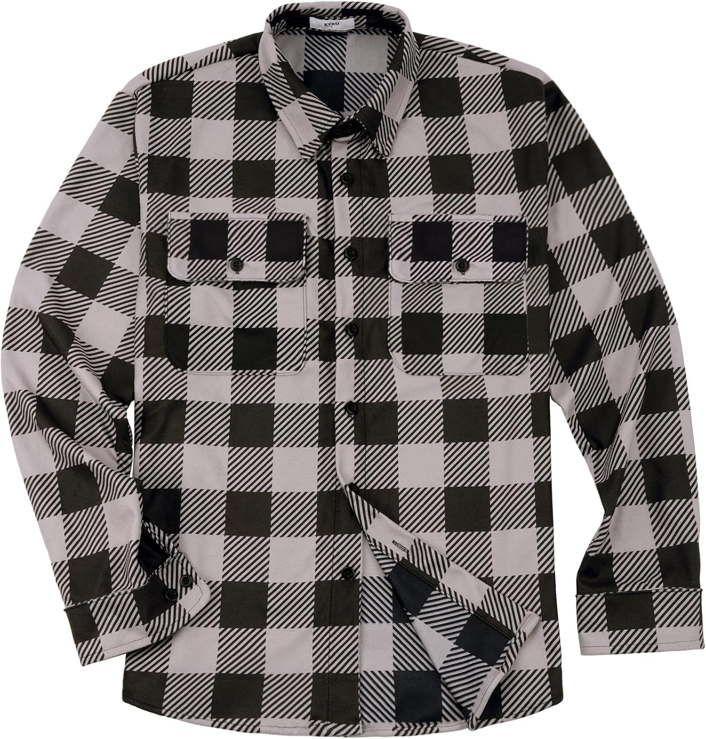 KYKU Men's Fleece Shirt Long Sleeve Casual Soft Button Down Shirt, Double-Sided Plaid Print, Two Chest Pockets
