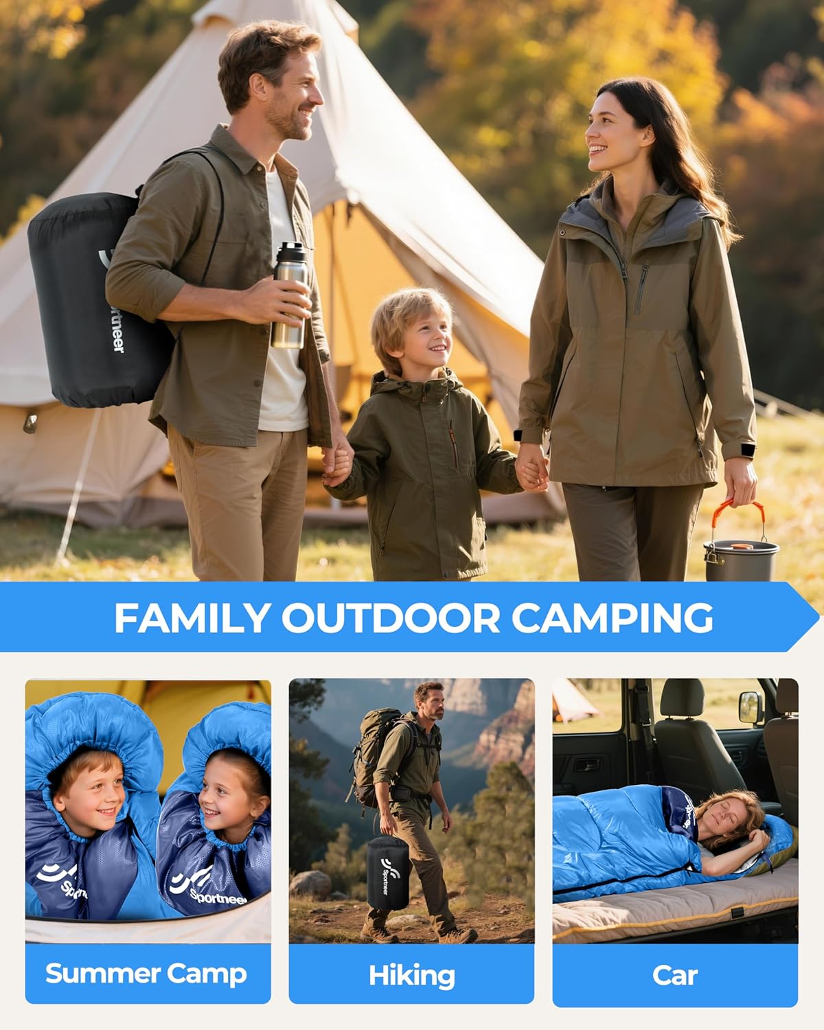 Sportneer Sleeping Bag for Adults & Kids, Cold Weather & Warm Waterproof Camping Sleeping Bag, Compact Portable for Camping Hiking & Travel