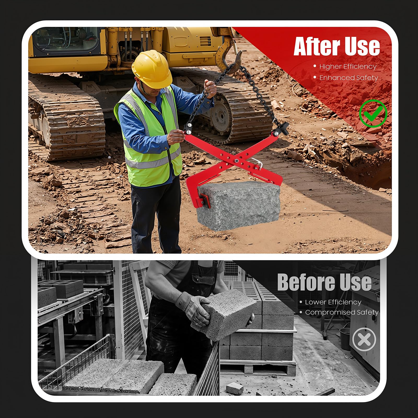 Alicates de desplazamiento, alicates para piedra de borda, 500 kg, abrazadera de piedra ajustable, apertura de 33 – 70 cm, pinzas de madera, alicates de elevación para piedra y transporte