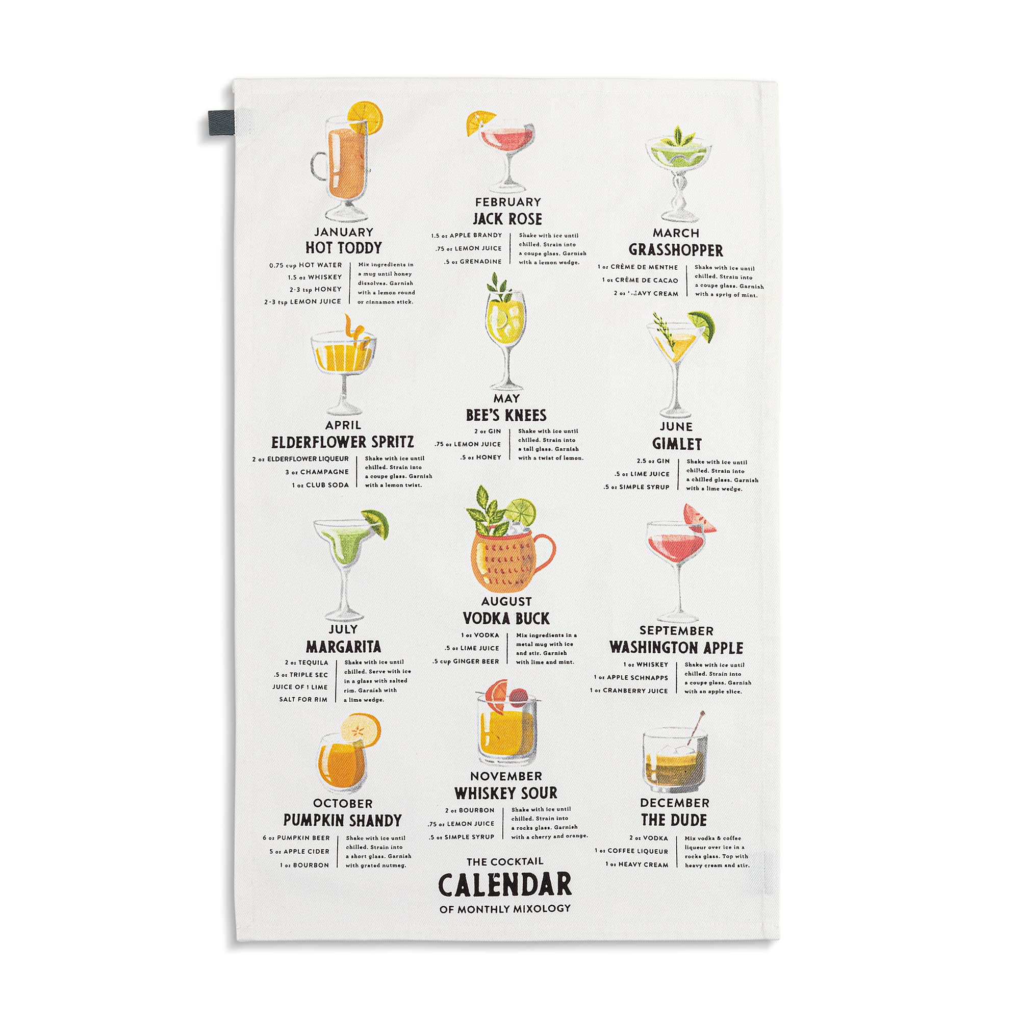 DEMDACO Cocktail Calendar Monthly Mixology 28 x 17 All Cotton and Stainless Steel Bar Towel and Stir Stick Set