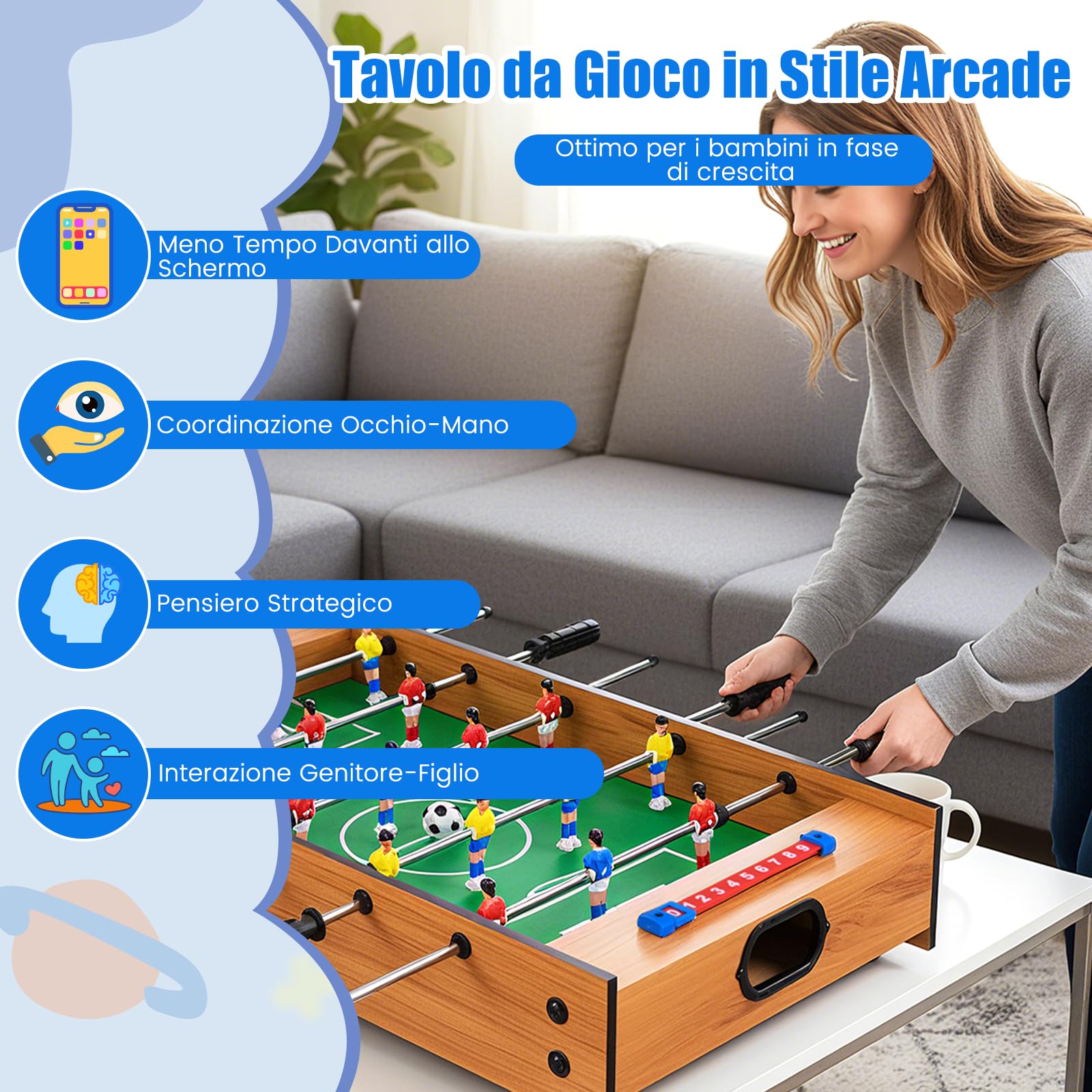 COSTWAY 2 in 1 Calcio Balilla in Legno, Calcetto da Tavolo e Hockey da Tavolo con 6 Aste, con 2 Segnapunti, Biliardino per Bambini e Adulti da Casa, 69 x 36 x 10 cm