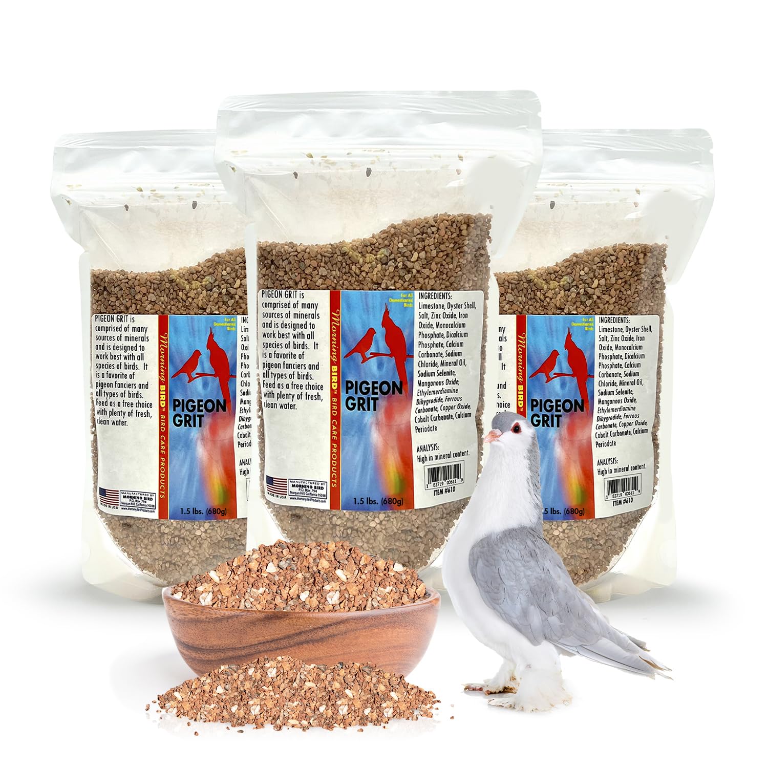 Morning Bird Pigeon Grit - Healthy & Nutritious Pigeon Food to Supports Strong Muscles & Bones for All Bird Species - Easy to Digest & Packed with Natural Supplement, 4.5 lbs (3-Pack, 1.5 lbs Each)