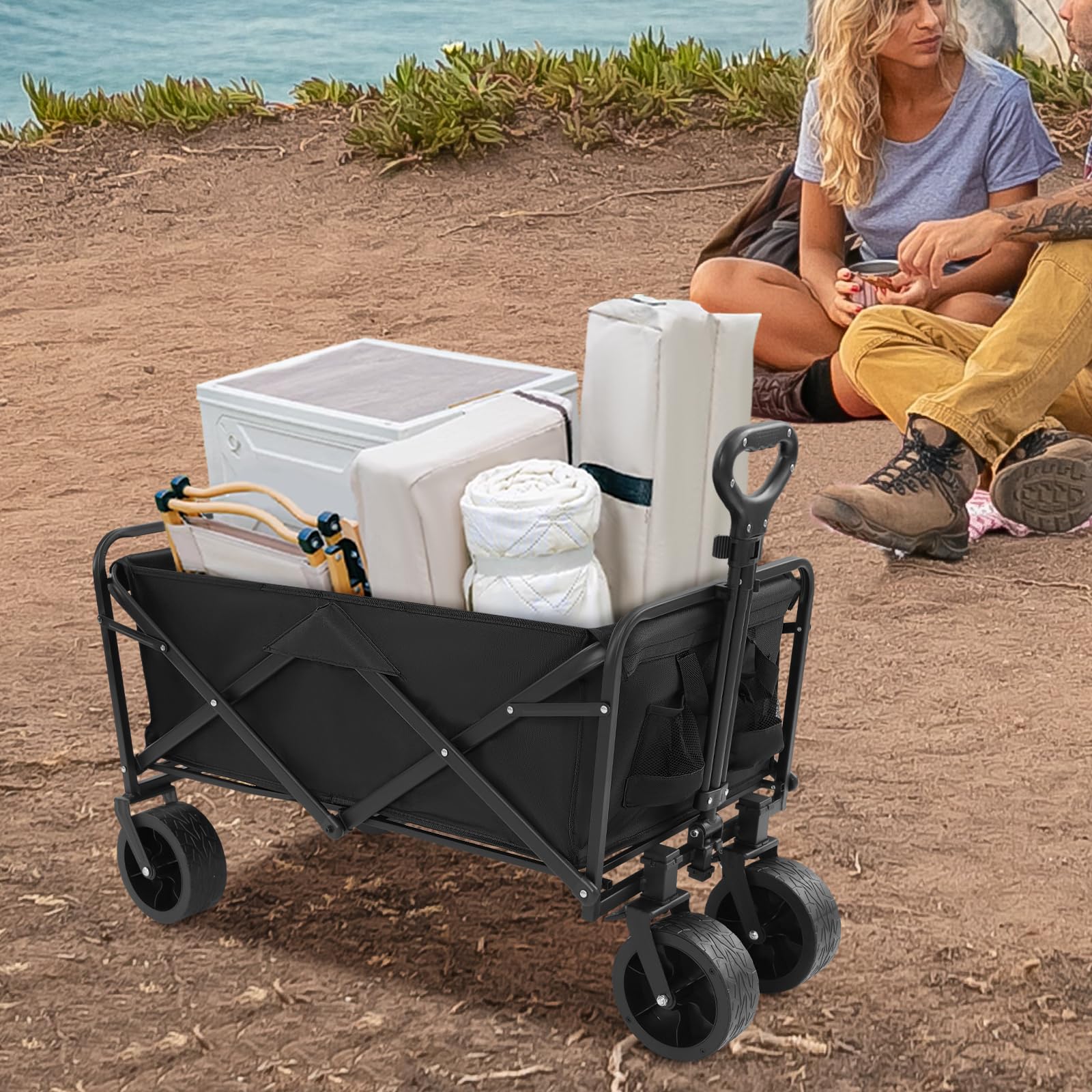 Carretilla de mano plegable de 5/8 pulgadas, carro de camping plegable con asa, capacidad de carga 90 kg/115 kg, carro de mano plegable, 4 ruedas desmontables para compras, camping, jardín (negro, 8