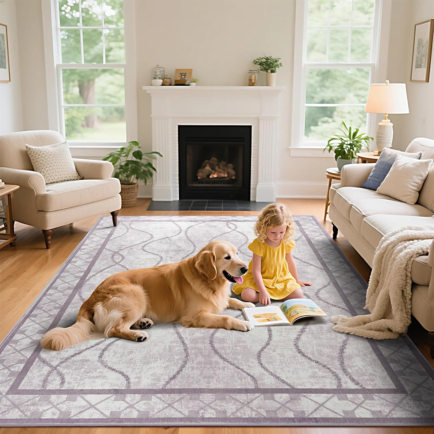 4x6 Area Rugs for Living Room Bedroom, Machine Washable Low Pile Rugs, Non Slip Modern Bordered Print Indoor Carpet for Entryway Office Dining Room Dorm Home Decor, Purple