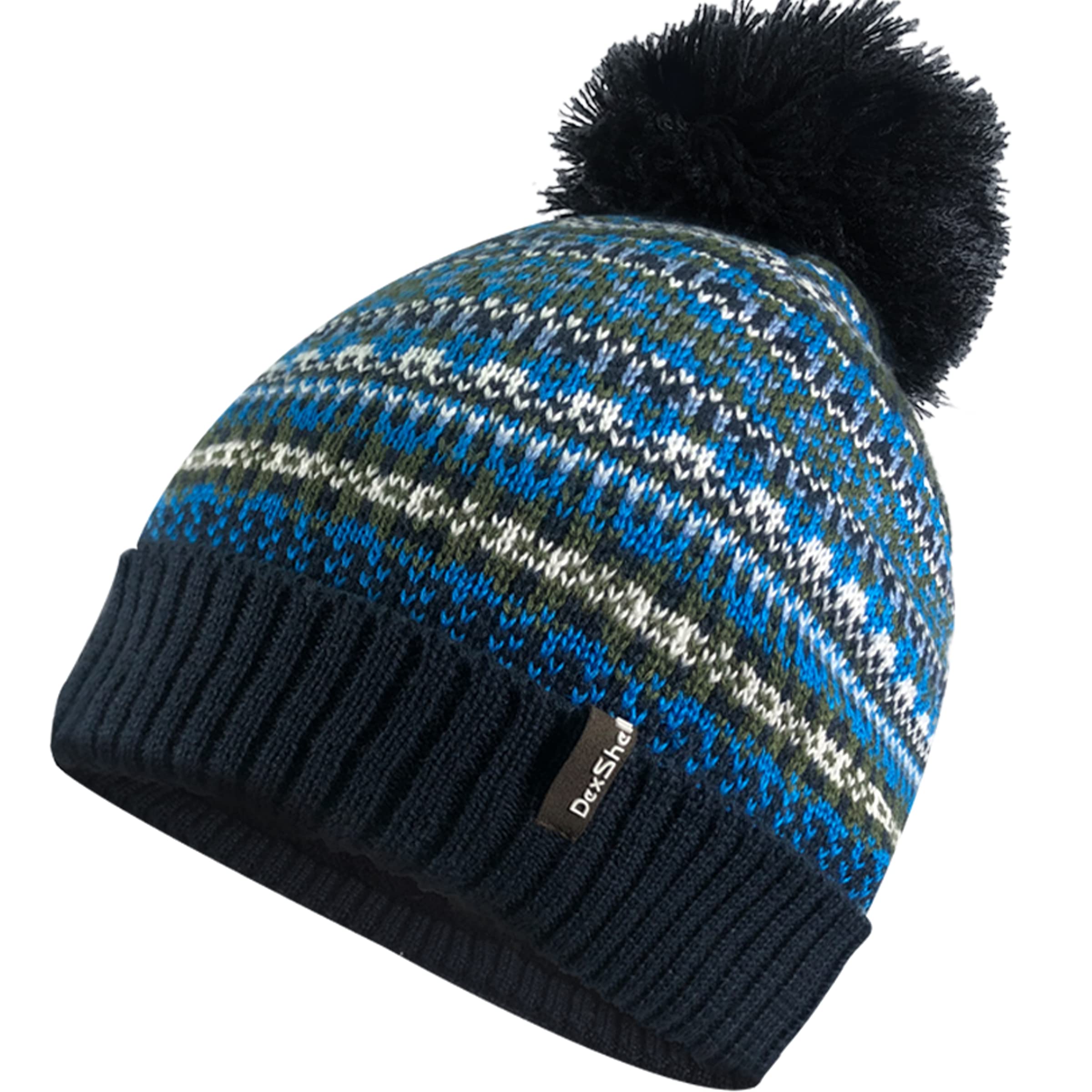 Dexshell Men's Blue Unisex Fair Isle Waterproof Bohemian Fleece Lined Bobble Hat
