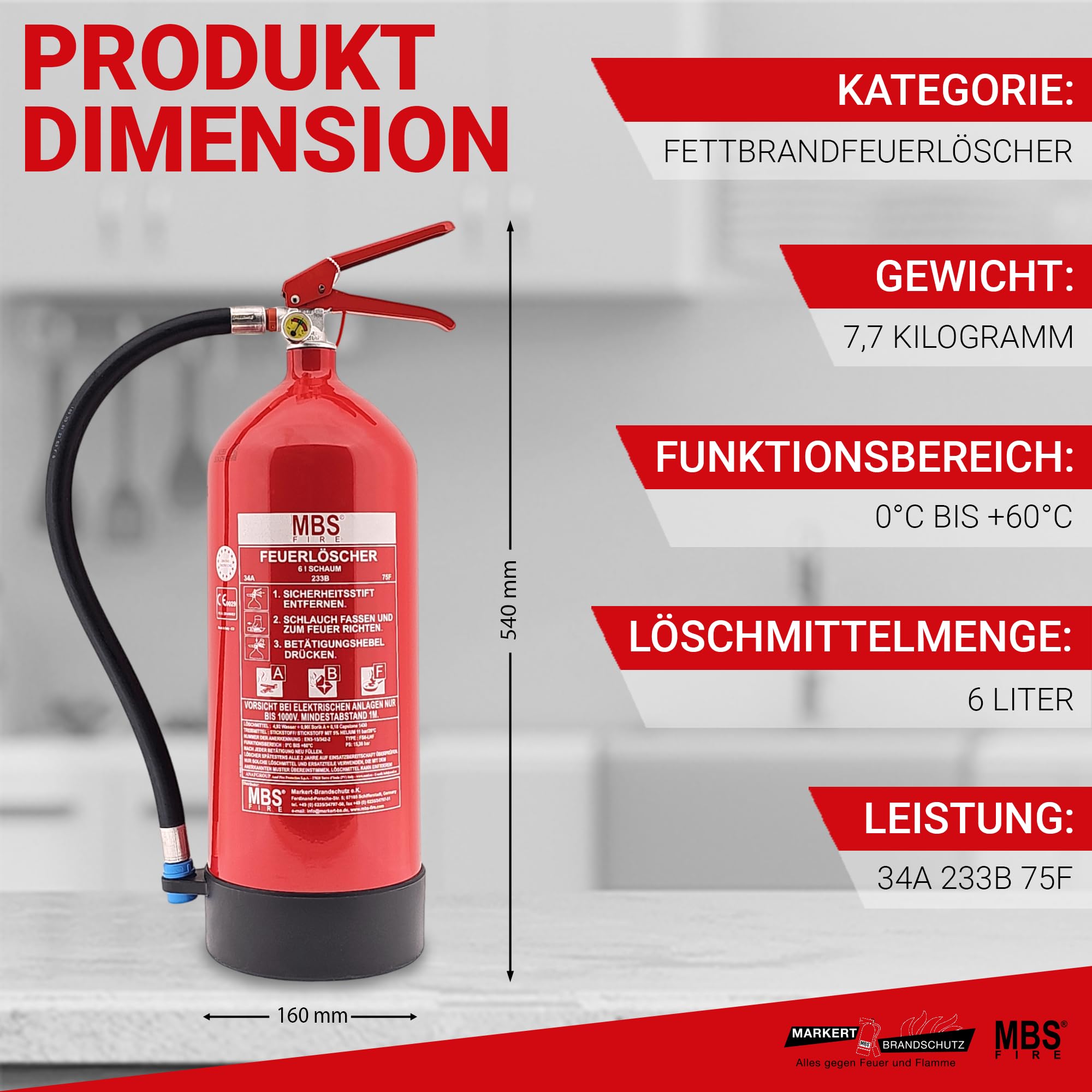 MBS FIRE - ABF Fettbrand Feuerlöscher - 6 Liter - 10 LE für Fettbrände und Gastronomie - inkl. Prüfplakette