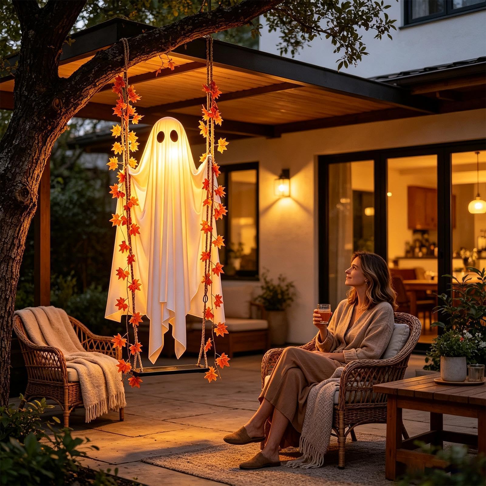 Fantasma di Halloween da Appendere su Altalena Decorazioni Esterno e Intern | Fantasma Luminoso Grande 120cm con luco LED 8 Modalità e Telecomando per Giardino Portico Albero Festa