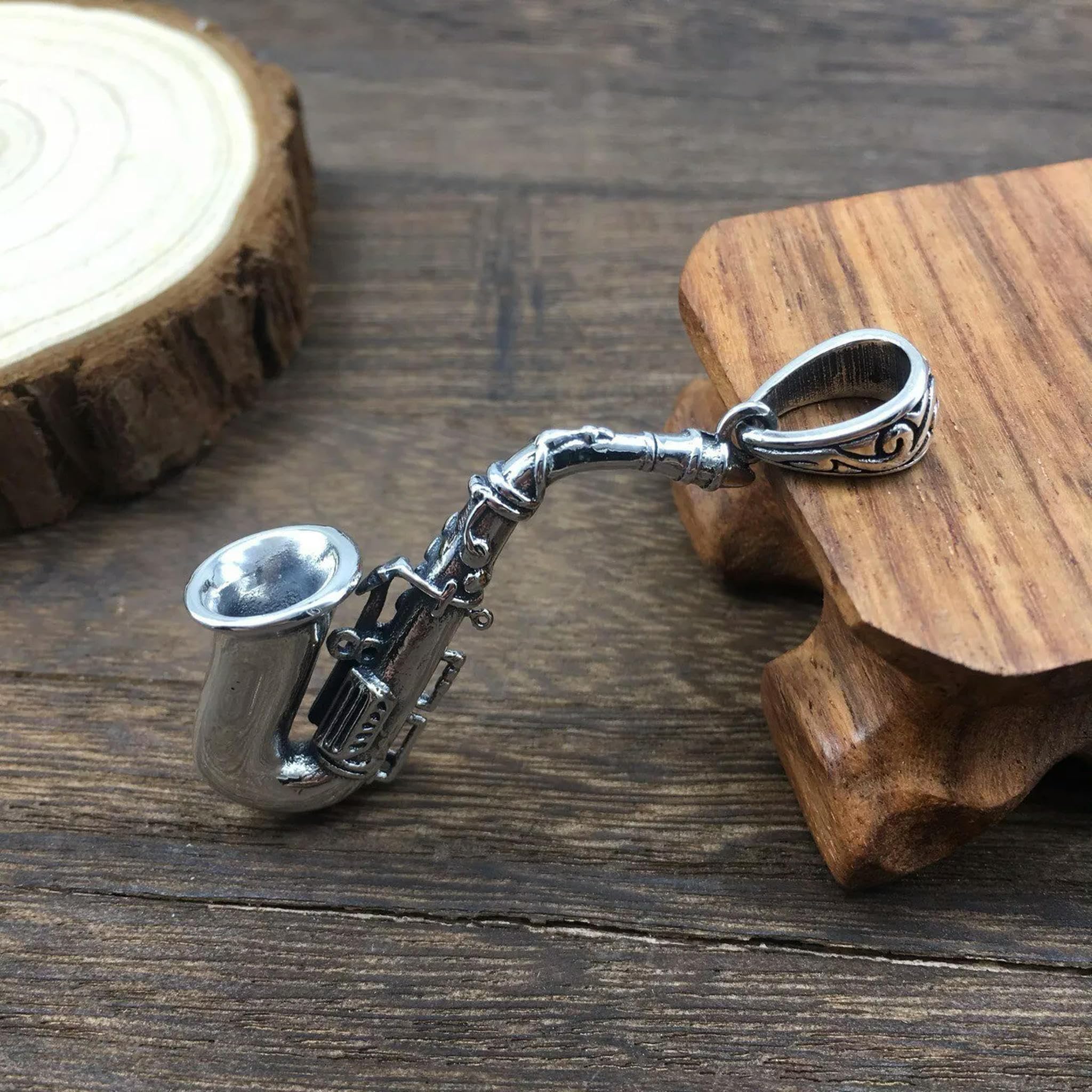 Collana con Ciondolo a Forma di Sassofono in Argento 925, Stile Hip Hop, Pop Rock Punk