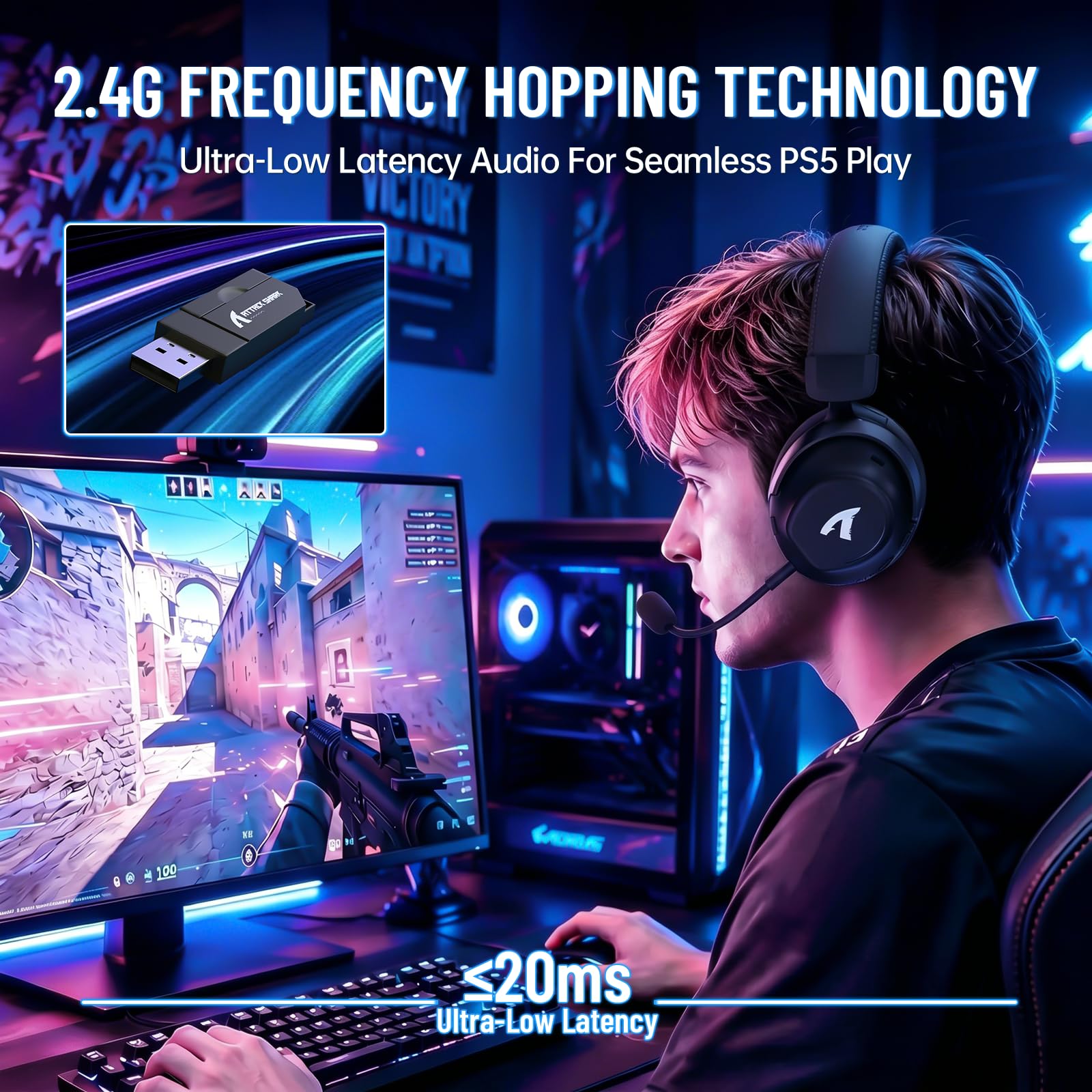ATTACK SHARK L50PRO Auriculares Gaming Inalámbricos Sonido 7.1 Modos EQ Transductores 53mm Triple Conexión Batería 1100mAh Circumaurales con Micrófono Desmontable Anti Ruido para PC/Xbox/PS4,Negro