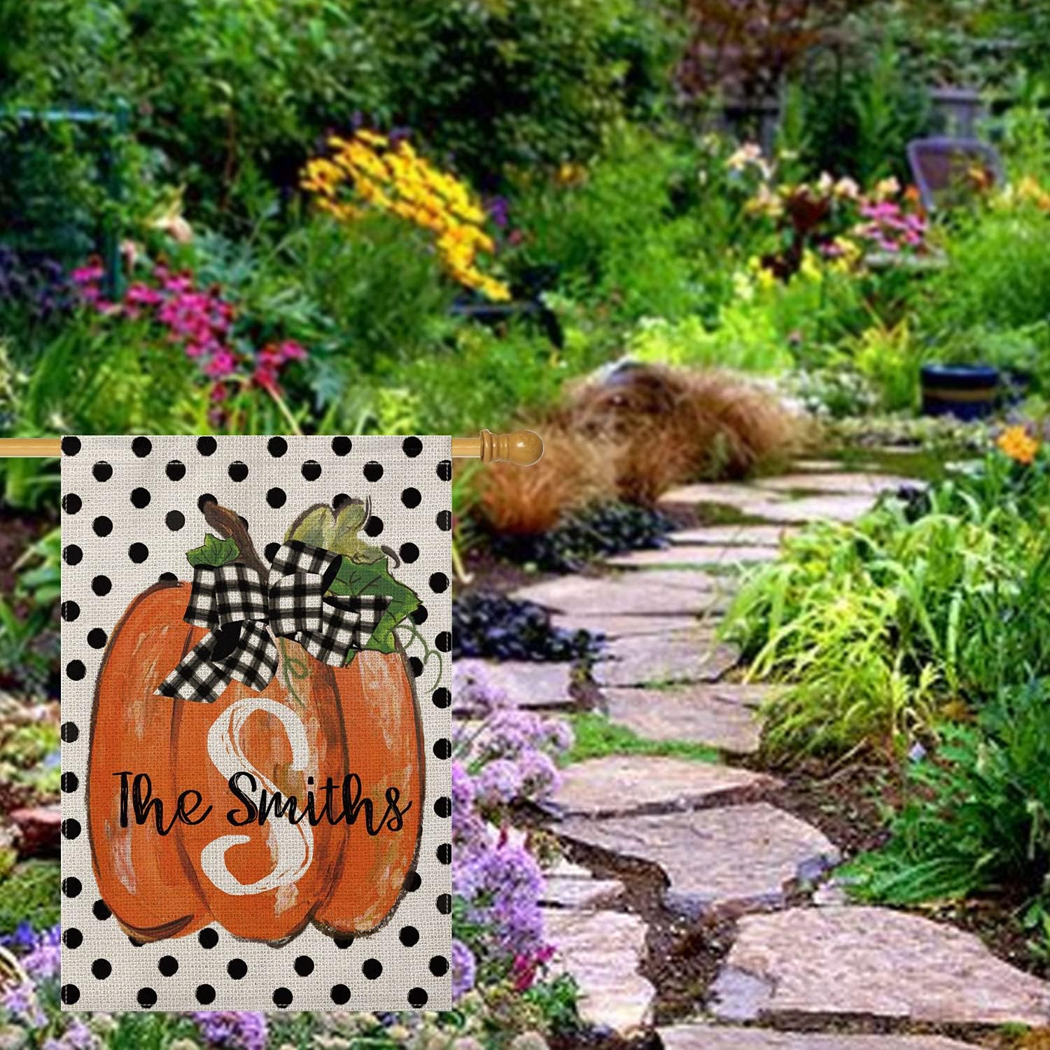 Smile Personalized Fall Pumpkin House Flag, Monogram Initial Family Last Name and Established Year, Double Sided 28 x 40 Inch Rustic Farmhouse Burlap Yard Outdoor Decoration