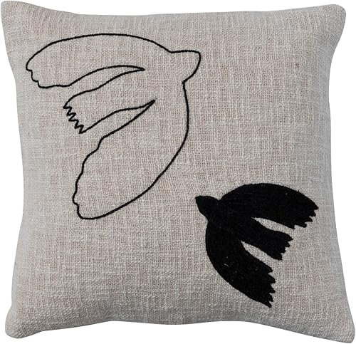 Creative Co-Op Funda de almohada bordada de algodón con palomas, color crema y negro