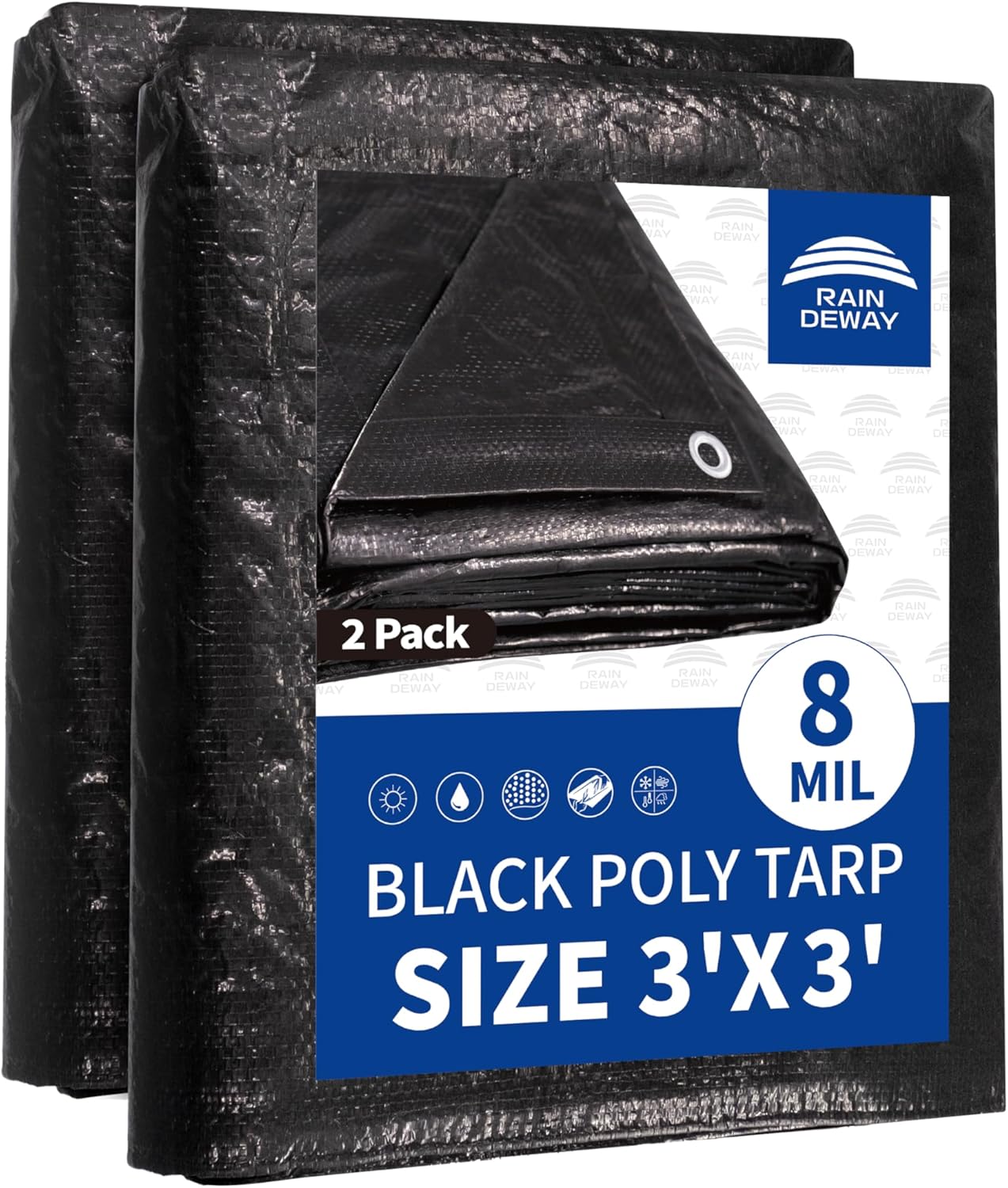 RAINDEWAY Small Black Tarp 3x3 Feet (2 Pack),UV Resistant, Multipurpose Medium Duty Waterproof Poly Tarps, Tent Tarp,Cover with Metal Grommets and Reinforced Edges, Finished Size Black-8mil 3'x3' (2 Pcs)-Finished Size