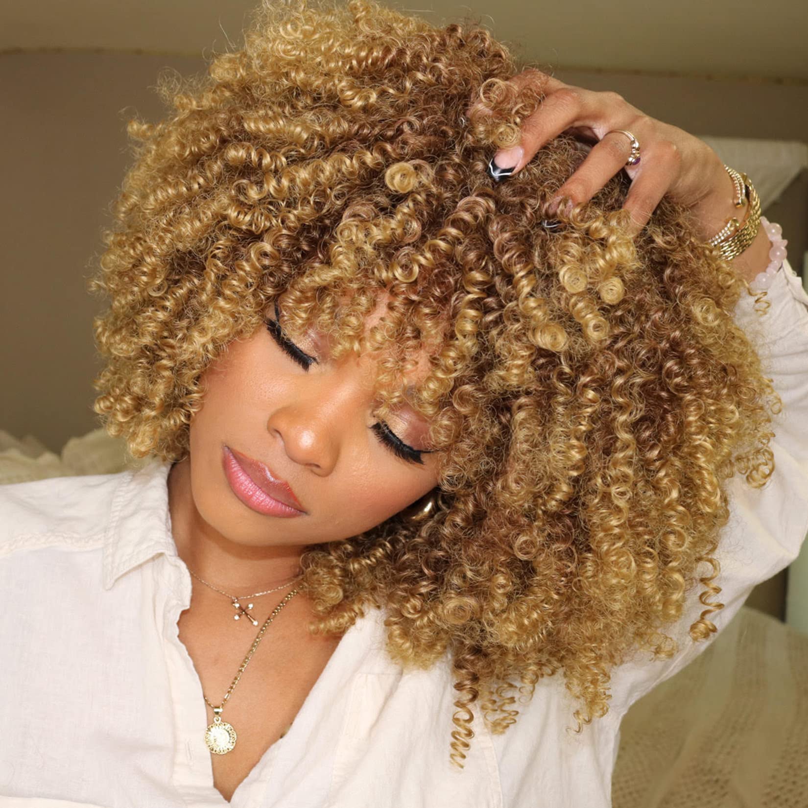 YOSILADY Blonde Curly Afro Wigs for Black Women, Short Curly Blonde Wig with Bangs, Synthetic Heat Resistant Fiber Afro Blonde Curly Wigs for Daily Use (Brown to Blonde)