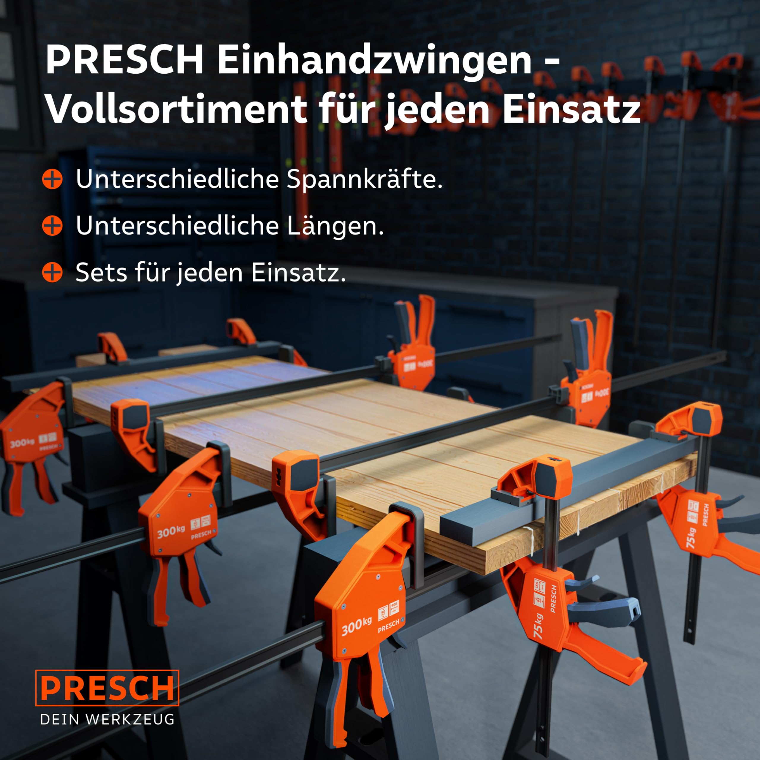 PRESCH Einhandzwingen 150mm & 300mm 4 Stk. – Zwingen Set mit 75kg Spannkraft für sofortiges Fixieren – Robuste Schnellspannzwingen dank Carbonstahl & glasfaserverstärktem Gehäuse – Mit Spreizfunktion