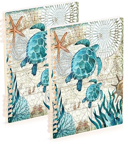Paquete de 2 cuadernos con rayas universitarias, diseño vintage de tortugas marinas y estrellas de mar, mapa de estrellas de mar, cuaderno en