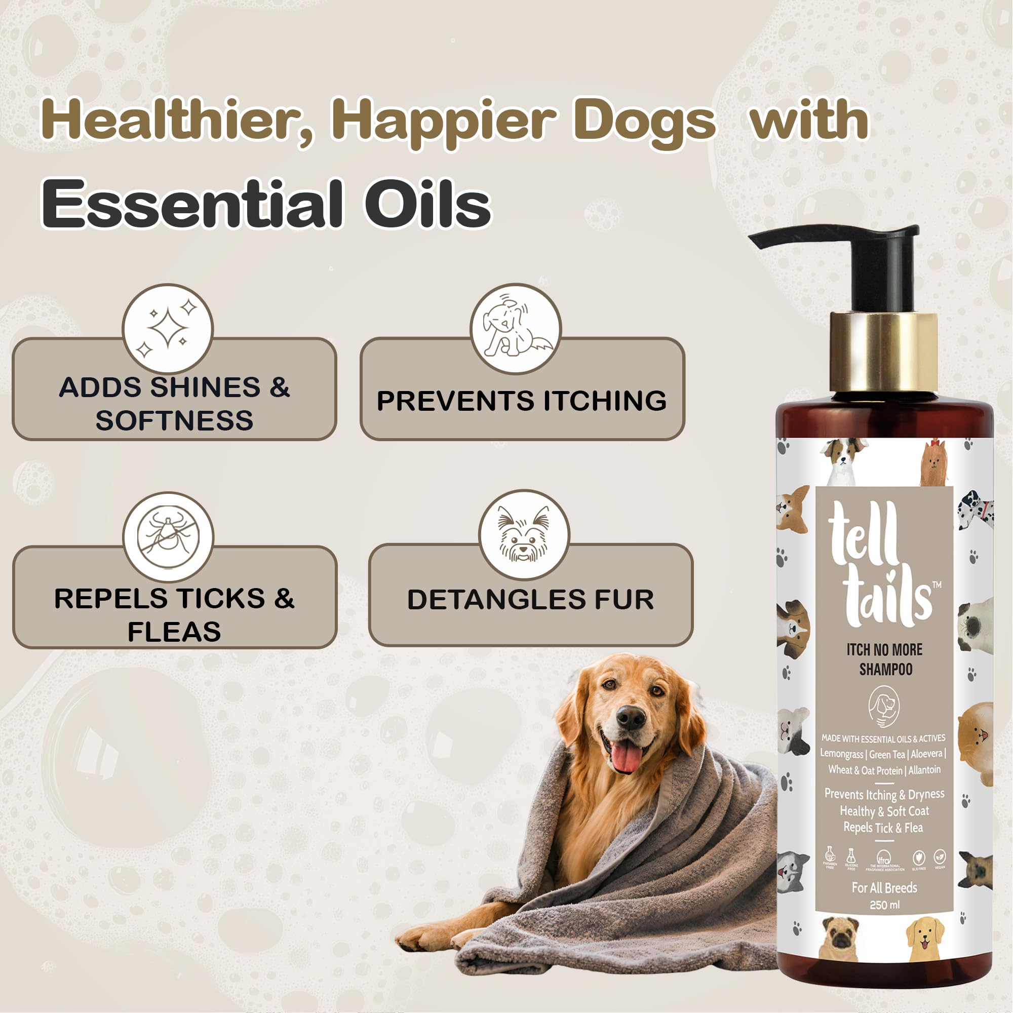 TELLTAILS Itch No More Dog Shampoo - 250ml - Prevents Itching, Removes Ticks & Fleas - Softens, Strengthens & Adds Shine - Lemongrass, Green Tea, Aloe Vera, Oat Protein - for Shih Tzu & All Breeds