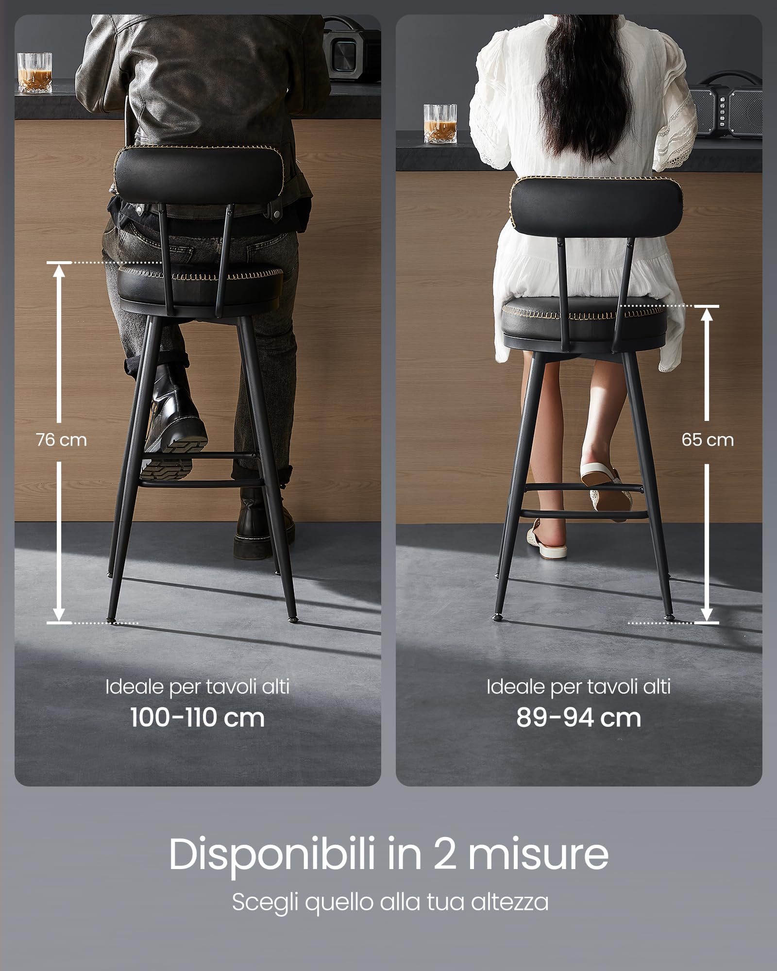 VASAGLE EKHO Collezione - Sgabelli Cucina Girevoli a 360° Set da 2, Sgabelli da Bar con Schienali, Rivestimento con Cucitura, Moderno di Metà Secolo, Altezza 65 cm, Nero Inchiostro LBC089B01