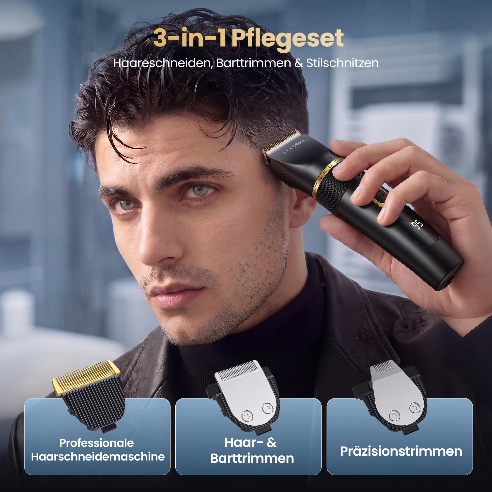 Jack&Rose 3-in-1 Haarschneidemaschine Profi Haarschneider Barttrimmer Kabellos Keramikklinge IPX6 Wasserdicht Wiederaufladbar USB-C