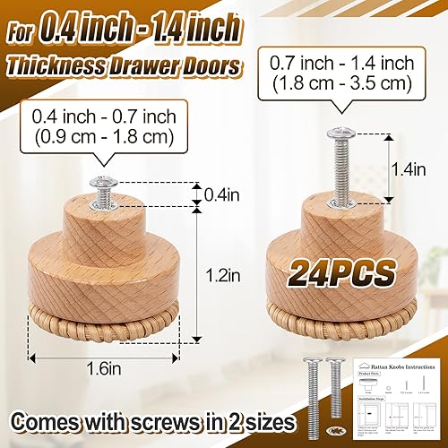 Vista 17 de ANPHSIN Paquete de 12 pomos de madera boho para cajones de aparador, tiradores de armario tejidos de ratán hechos a mano con 24 tornillos