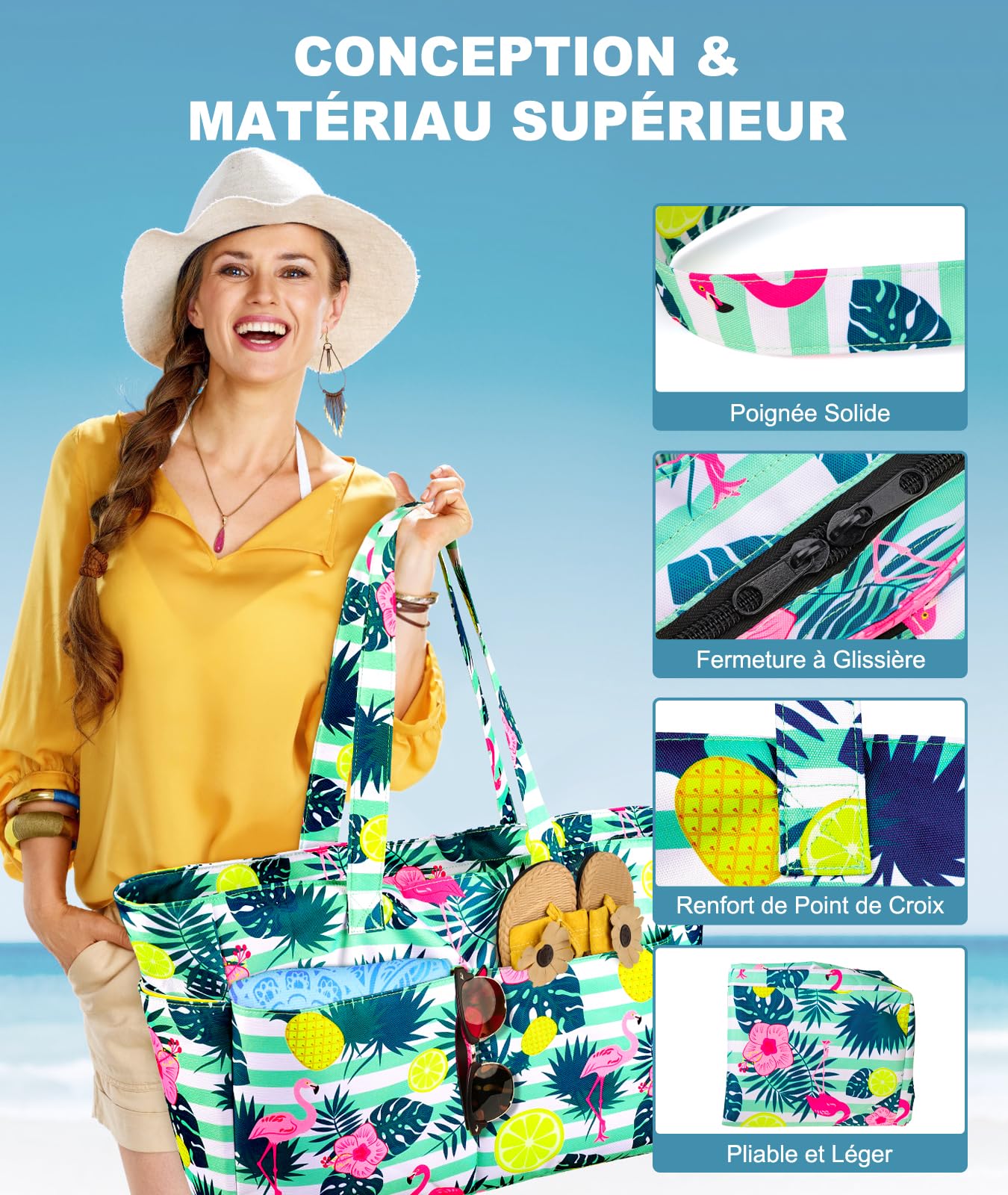 ISEYOU Grand Sac de Plage XXL Imperméable avec Fermeture Éclair, Sac Plage Pliable et Léger, Sacs de Plage Femmes Multi-Poches de Grande Capacité, Parfait pour Piscine, Shopping, Voyage, Vacances, Gym