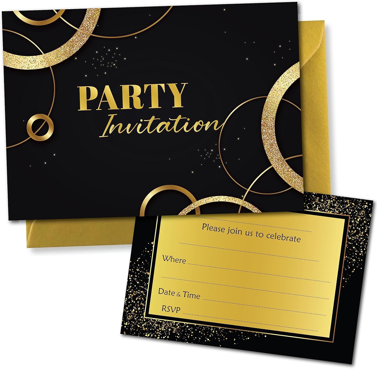 (Pack of 20) Black and Gold Party Invitations With Metallic Gold