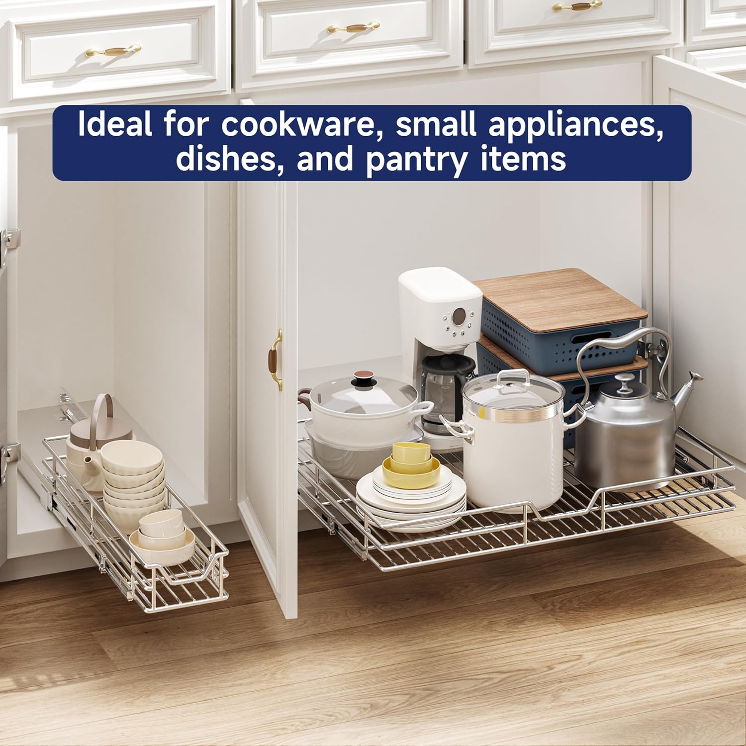 Pull Out Cabinet Organizer, 28.5" W x 21.5" D, Heavy Duty Chrome Slide Out Shelf for Wide Base Cabinets, Sliding Wire Basket Drawer for Pots, Pans, Appliances & Pantry Storage
