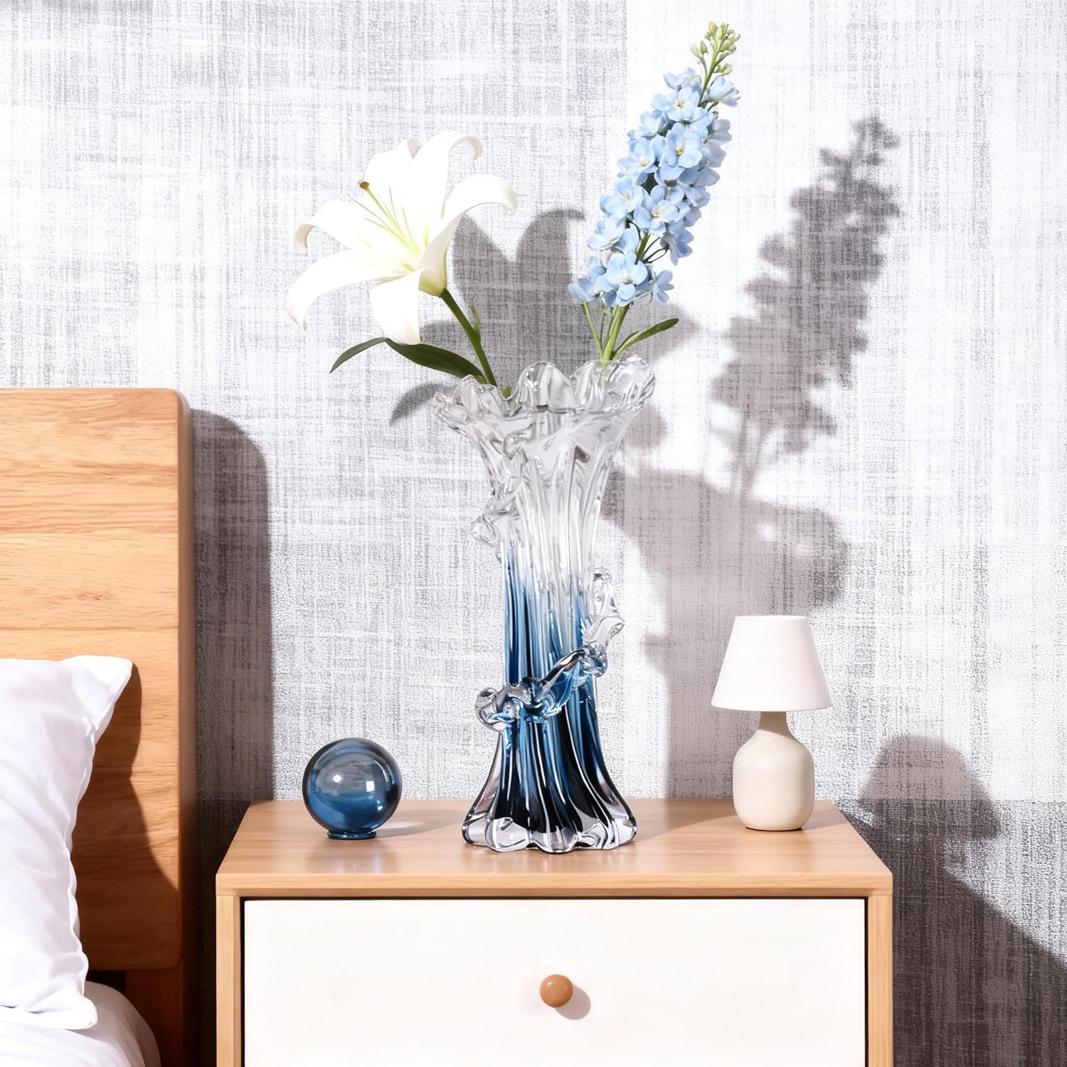 9.8" H Blue Blown Glass Vase, Modern Art Hand Blown Coastal Vase,Beautiful Unique Ocean Wave Centerpieces for Living Room, Bedroom, Office Desktop,Coffee Table and Wedding Decorative (M)