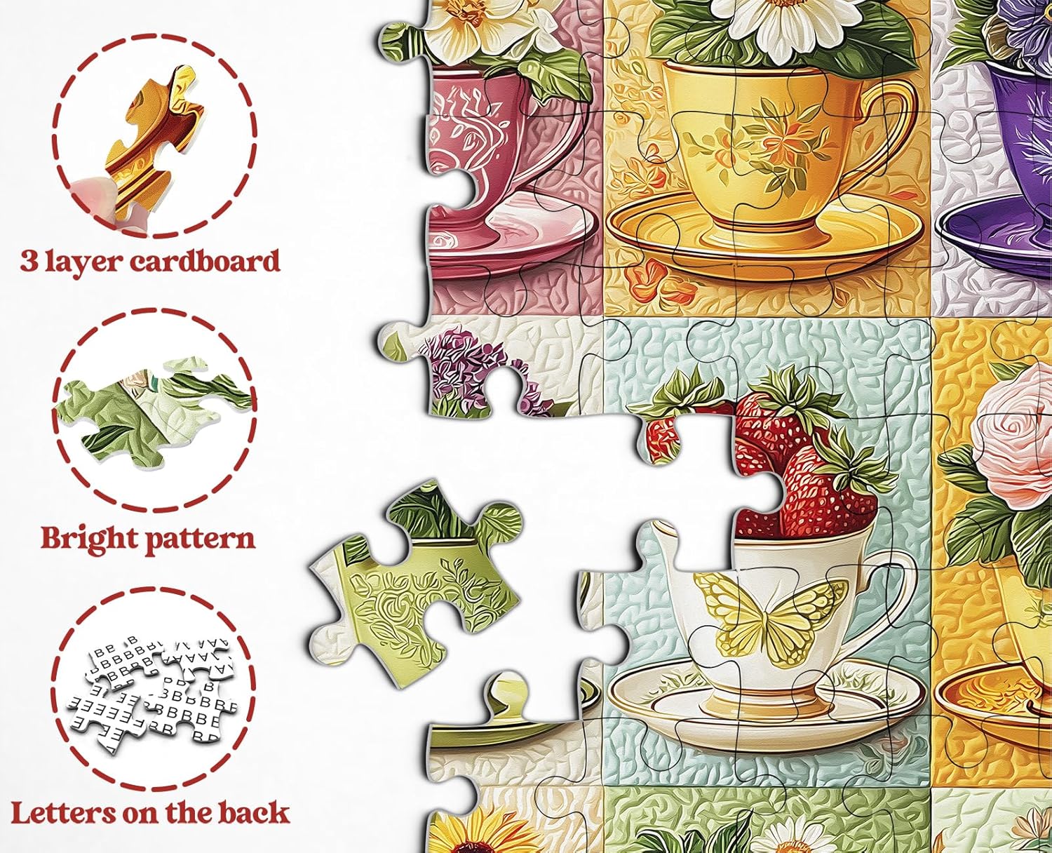 Wildflower Patch Puzzles for Adults 1000 Pieces, Spring Floral Plant Jigsaw Puzzles Quilting Patchwork Art, Larkipuzz Challenging Teacup Collage Theme for Nature Lovers