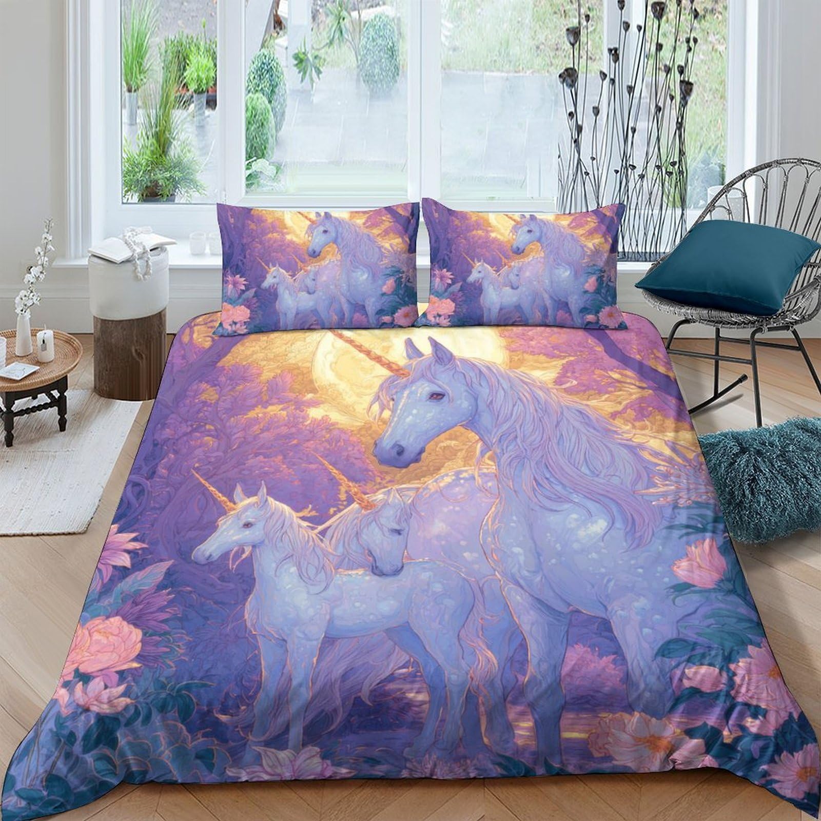 Ctjqhvkz Style-1 3D Printed Fantasy Unicorn Fitted Sheet Microfiber Purple Sunset Forest Bed Cover For Bedroom Guest Room Décor Single（135X200cm）