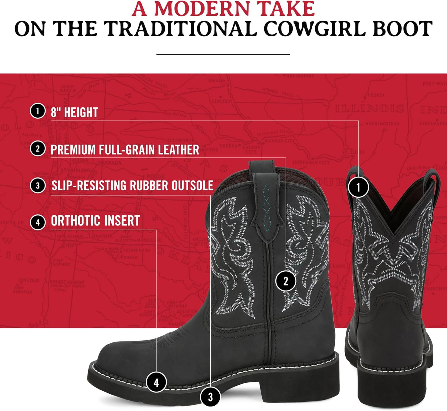 Justin Gypsy Kay 8” Cowboy Boots for Women - Premium Full-Grain Leather Women’s Cowgirl Boots with Removable Orthotic Footbed, Slip-Resistant Rubber Outsole - Image 4