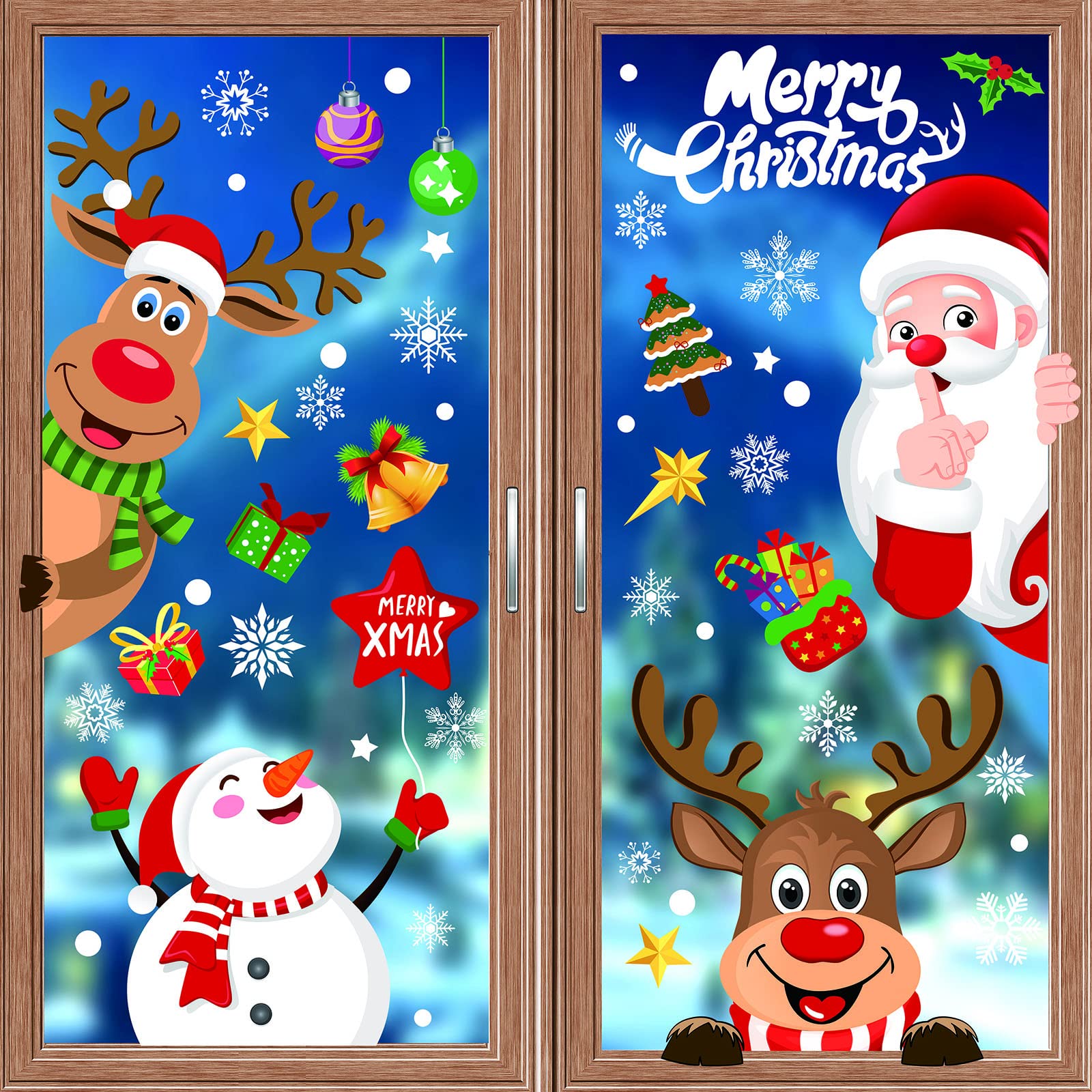 Christmas Window Clings 256pcs, Christmas Decals Reusable Double Sided Printed Self Adhesive Window Decorations Santa Claus, Moose, Snowman,Socks,Xmas Tree and Snowflakes Window Stickers, 8 Sheet