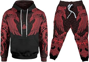 Mens Viking Hoodie and Jogger Set, Norse Mythology Pullover Tracksuit for Casual Wear, Workout, Travel, Outdoor