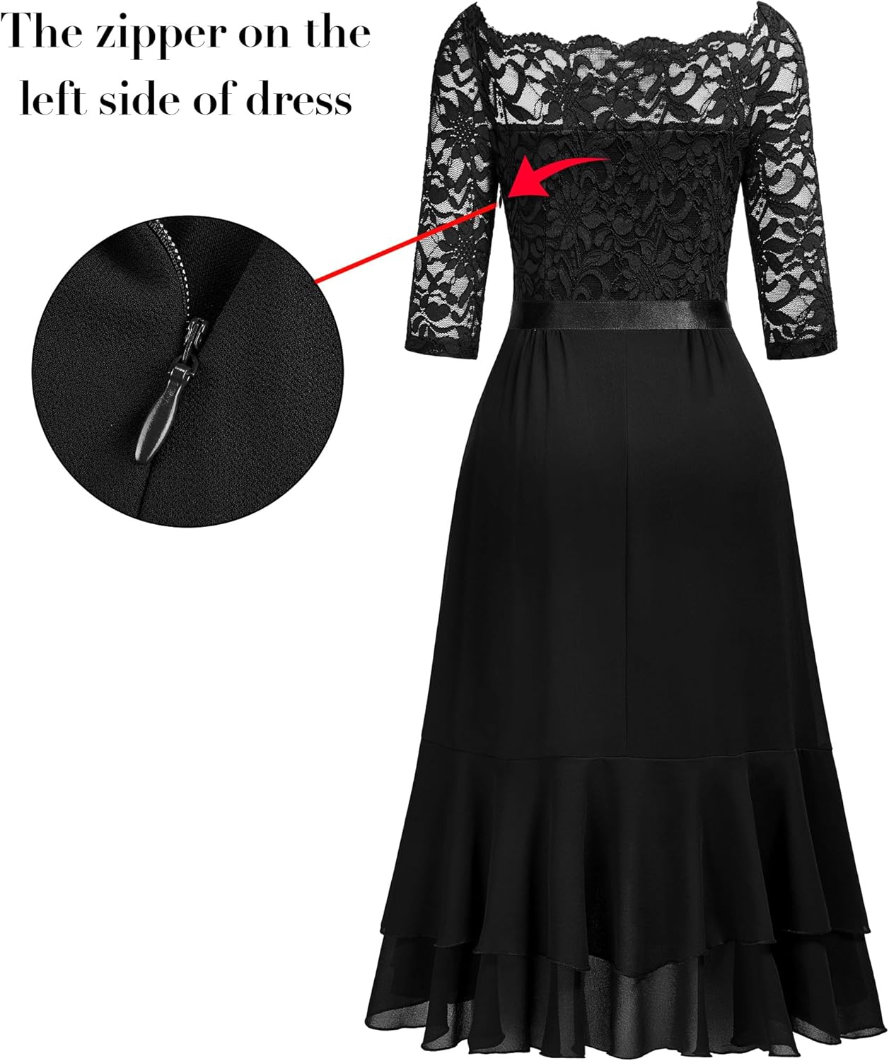 Miusol Women's Off Shoulder Elegant Floral Ruffle Half Sleeve Lace Contrast Chiffon Party Dress