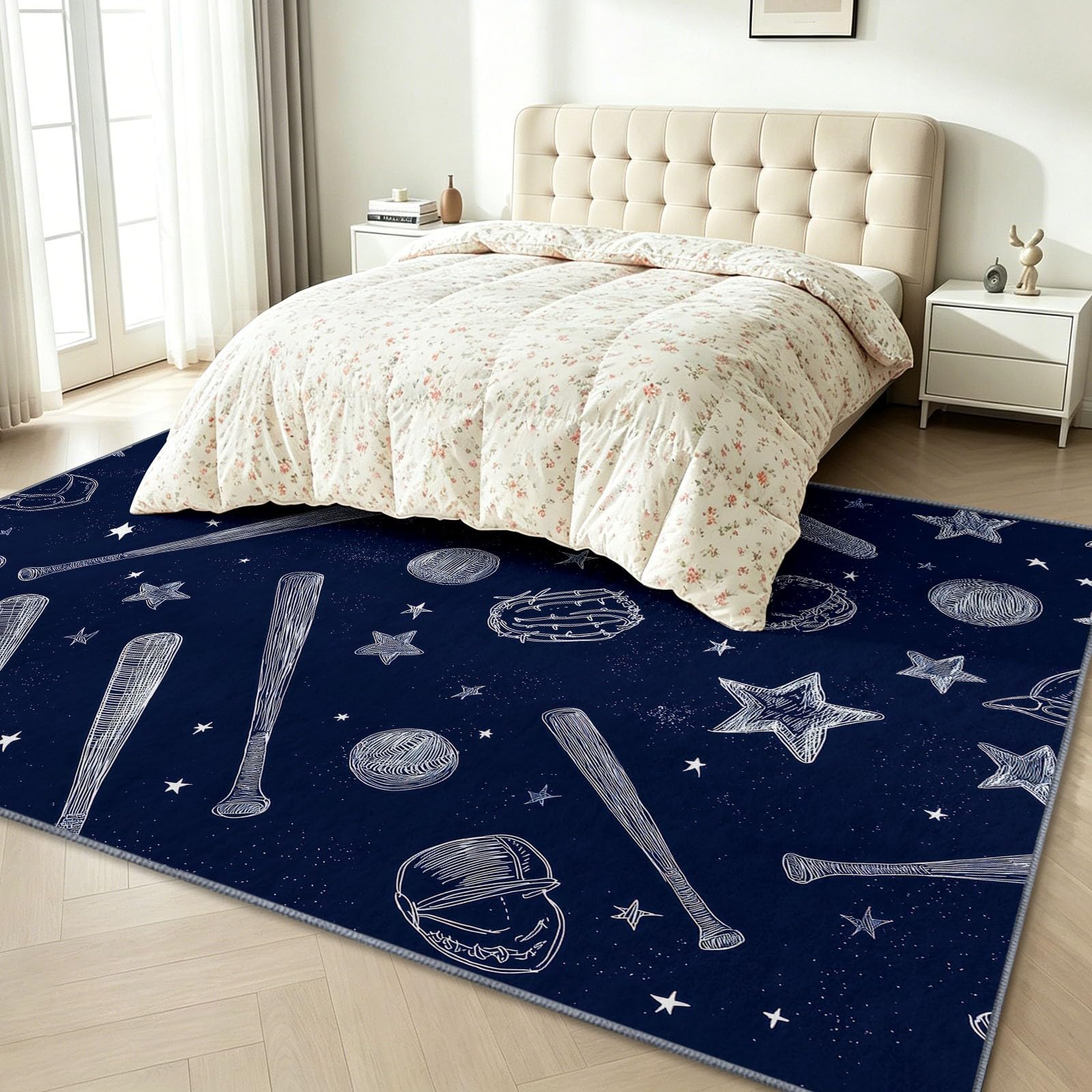 Sports Sketch - Alfombra antideslizante para sala de estar, 180 x 240 cm, alfombra de suelo lavable, diseño de estrella de béisbol