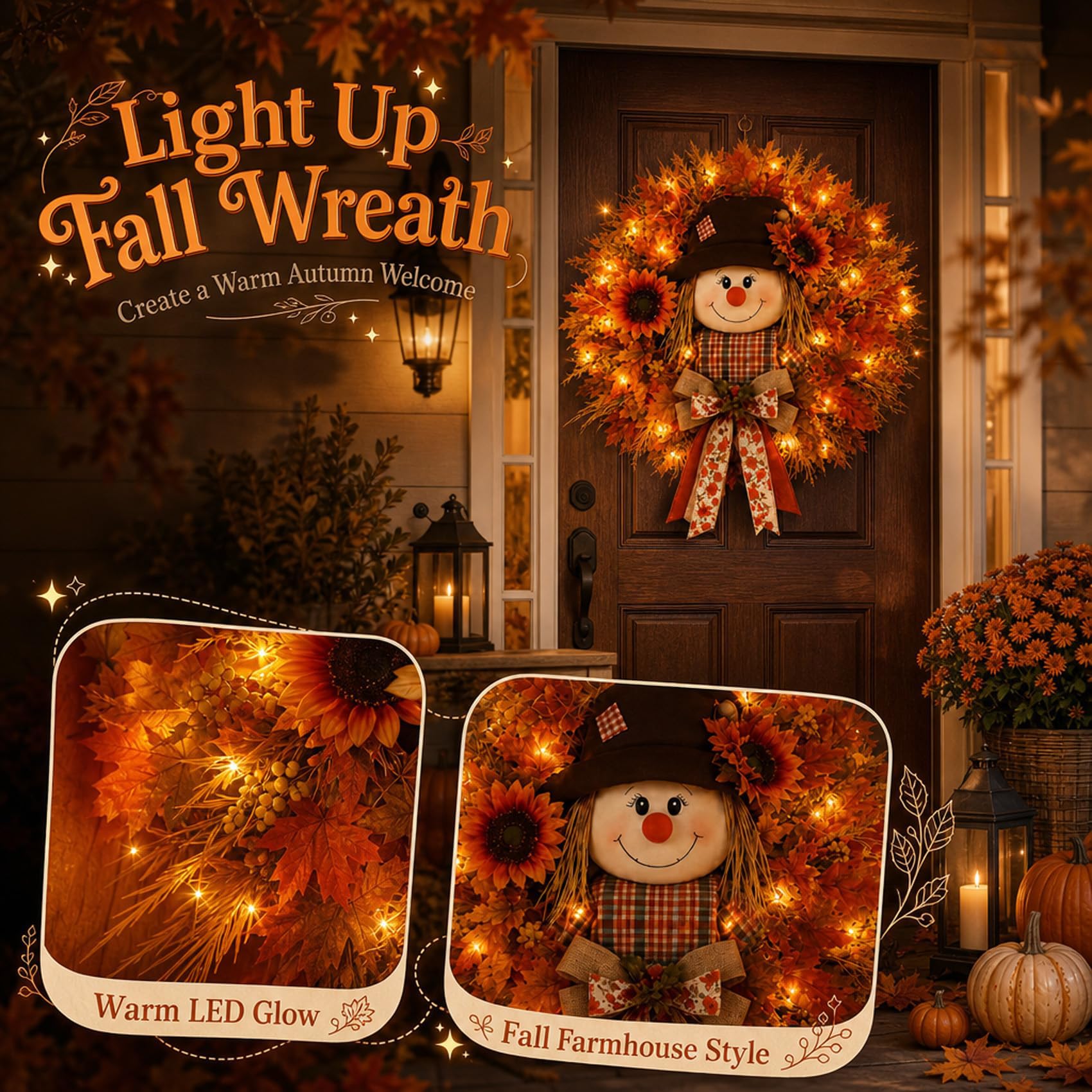 Beleuchteter Herbstkranz Mit Vogelscheuche Für Die Haustür (Lighted Style)