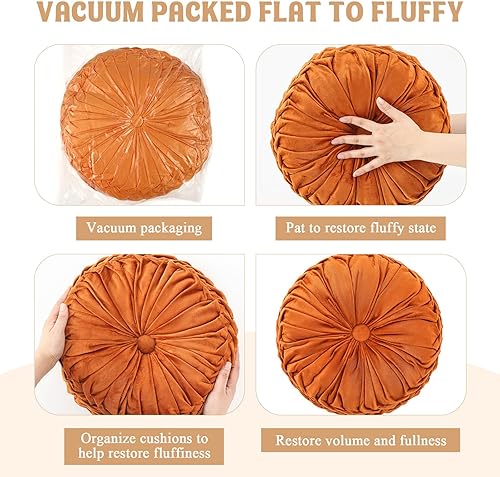 Miniatura 10 de Drydiet 3 almohadas redondas de terciopelo de 15 pulgadas de diámetro, plisadas, almohadas decorativas de calabaza, cojines bohemios para sofá,