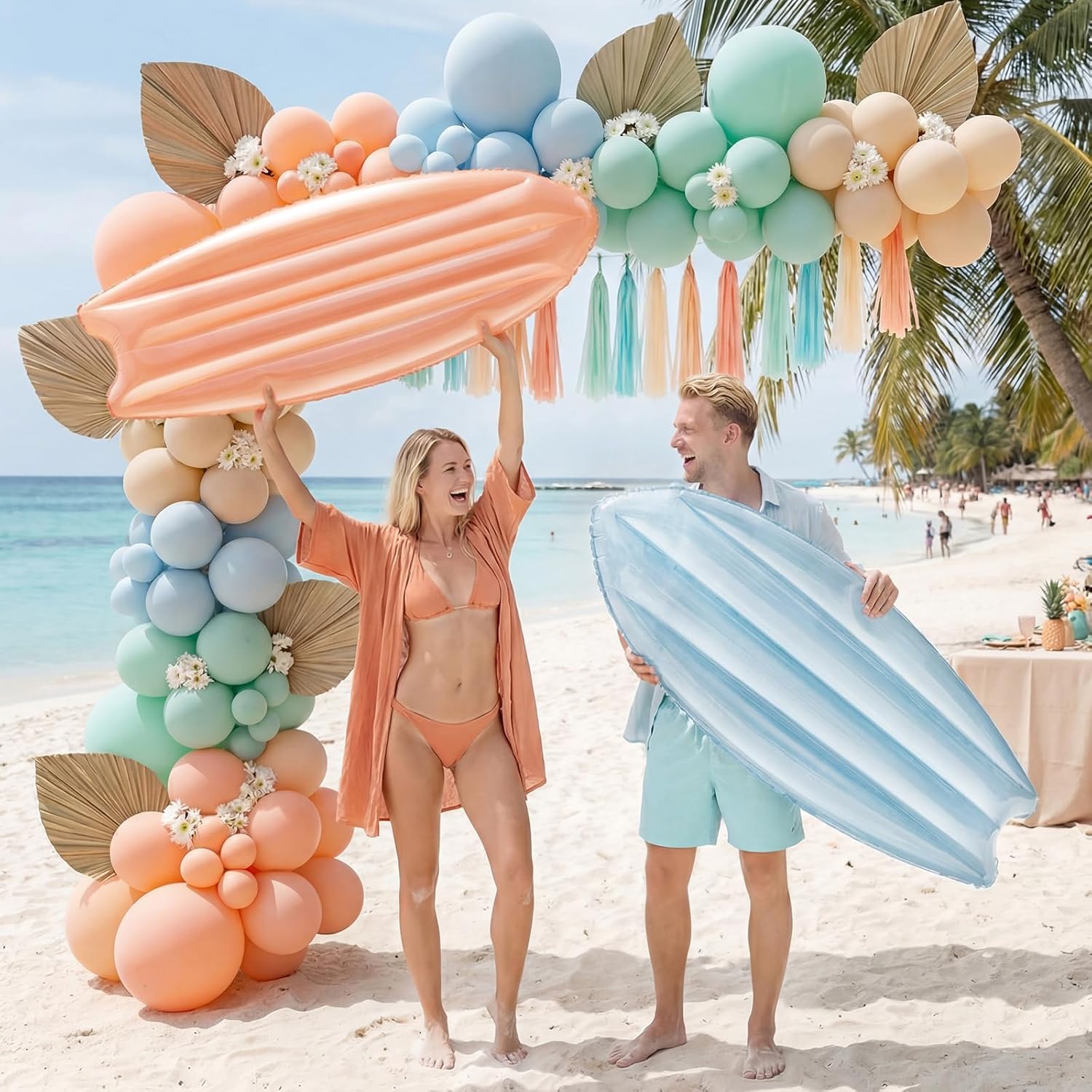 4 Pcs Inflatable Surfboard Decorations, Macaron Color Pool Floats, Blow-up Pastel Surfboard for Hawaiian Beach Summer Pool Sea Party Props (Orange,Blue,Green,Beige,57 Inch)