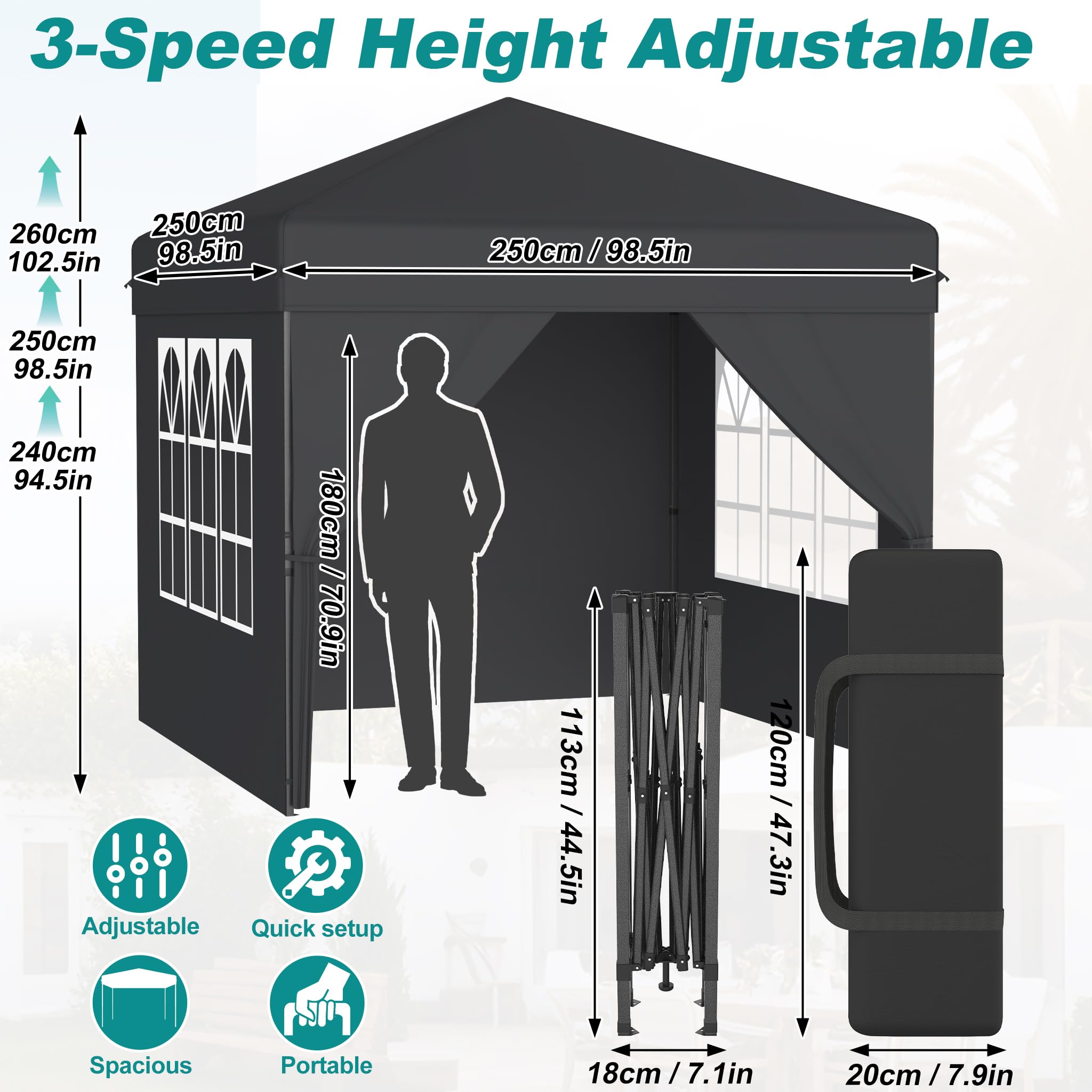 UISEBRT Tonnelle pop-up 2,5 x 2,5 cm, étanche, stable, résistante à l'hiver, anti-UV, pliable, avec 4 panneaux latéraux, verrouillage centralisé à un bouton, 3 hauteurs réglables 240 à 260 cm, pliable