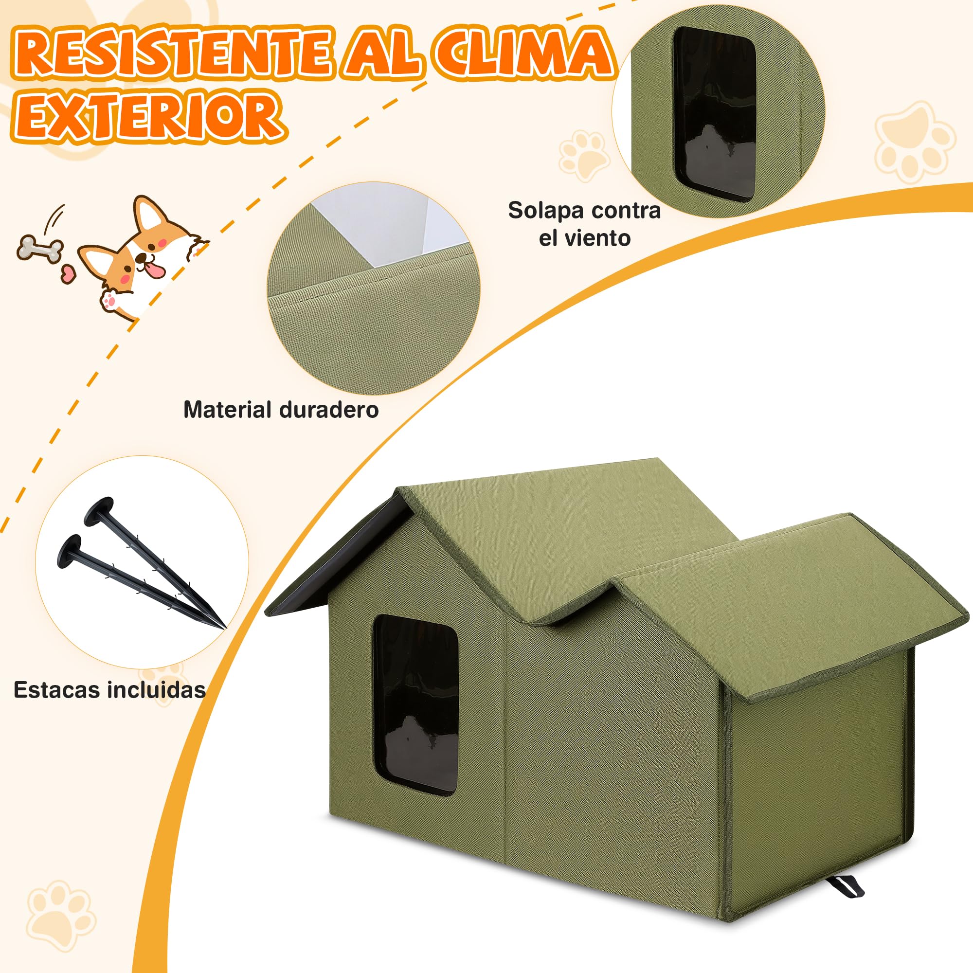 ALLSOPETS Casa para Gatos Exterior Impermeable, Caseta Gato Plegable y Resistente a la Intemperie, Refugio Cálido para Gatos o Perros Pequeños Interior y Exterior (Verde Bosque)