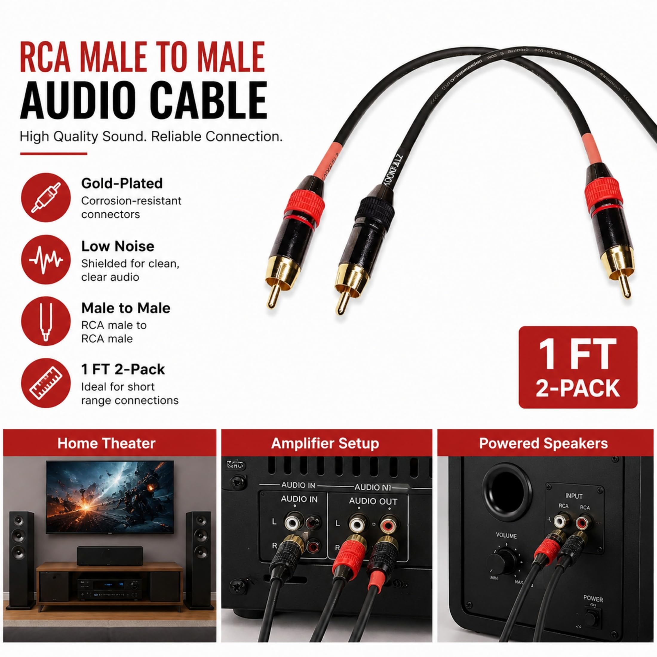 Cables RCA de bajo ruido, cable RCA corto de audio de alta fidelidad, cable de conexión RCA de doble blindaje de 1 pie para cine en casa, amplificador, HDTV, sistemas de audio, altavoces,