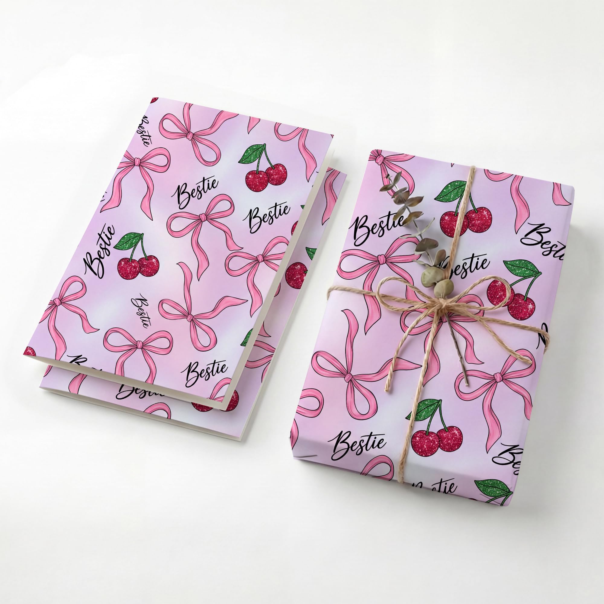 Coquette Pink Bow Cherry Birthday Wrapping Paper Folded Sheets, 120GSM Thick Kraft Wrapping Paper for Women Girls, Bestie Script Print Present Packaging for Friend Sister, Two Pack
