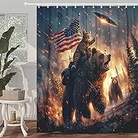 Vista 2 de Cortina de Ducha Divertida de Oso para Niños, Genial Gato Montando Oso en Cabaña Rústica del Bosque Woodland Cortinas de Ducha Divertidísimas