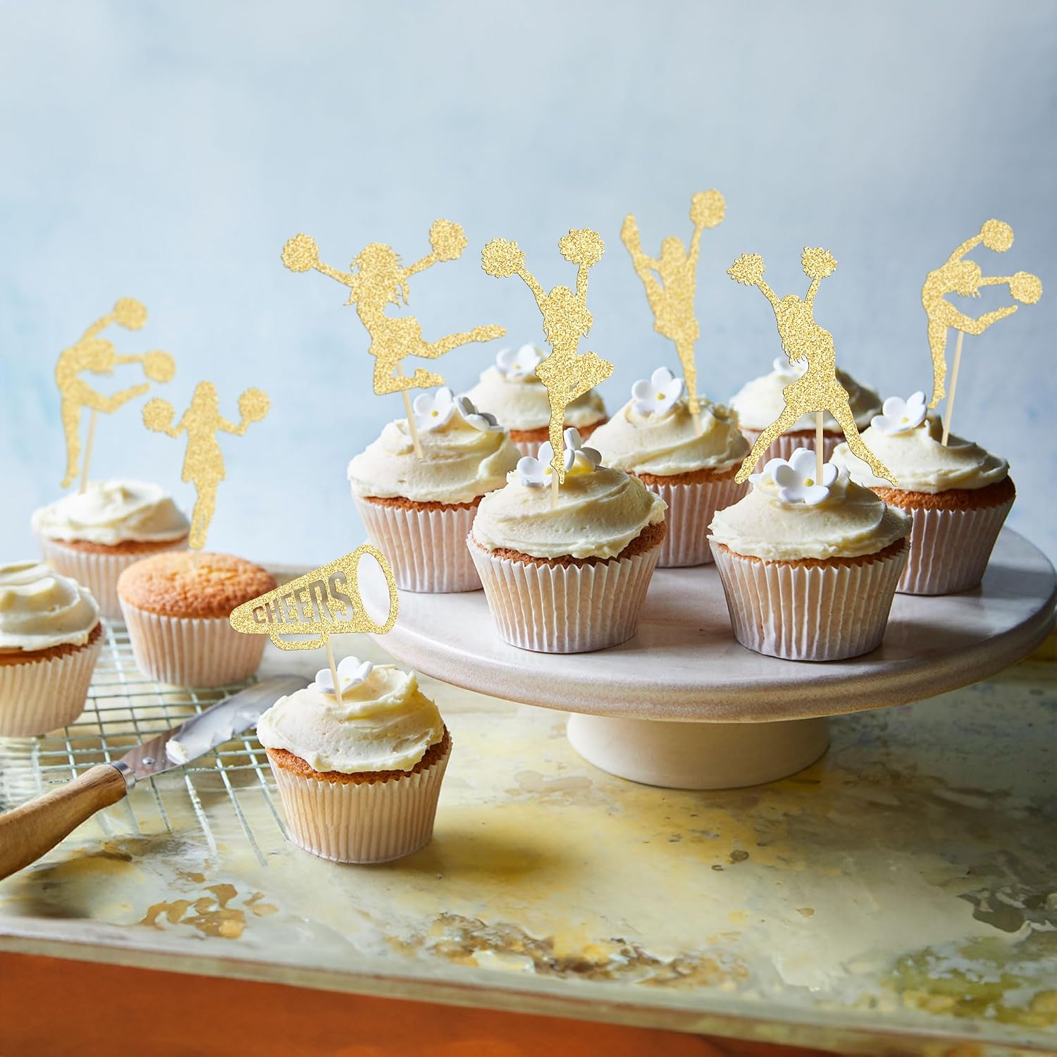 Gyufise 28 Pack Cheerleader Cupcake Toppers Gold Glitter Cheerleading Gymnastics Cupcake Picks Cheer Team Cake Decorations Gymnast Girl Toothpicks Cake Decor for Girls Birthday Party Favors Supplies