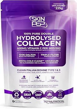 Collagen Peptides Powder 1000 Dalton Bioactive Vitamin C Enhanced Synthesis 225g | SkinPep Unflavoured Triple Filtered, Double Hydrolysed, Grass Fed Bovine Collagen Supplement for Women & Men