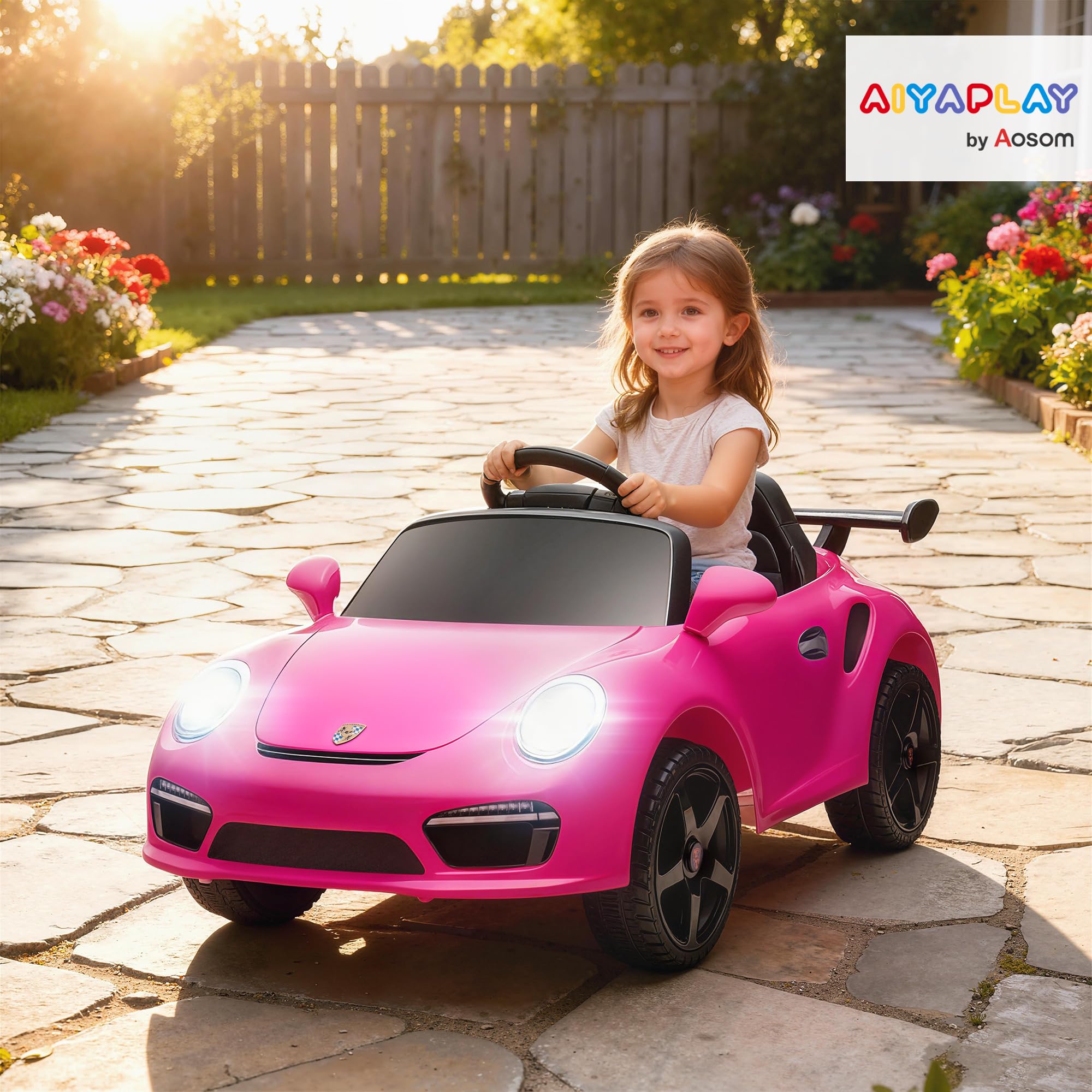 AIYAPLAY Coche Eléctrico para Niños con Licencia RUF CTR 3 Clubsport, Coche de Batería 12V, con Mando a Distancia 2,4 G, Motor Doble, Música Inalámbrica, Bocina, Ruedas Auxiliares y Faros LED, Rosa