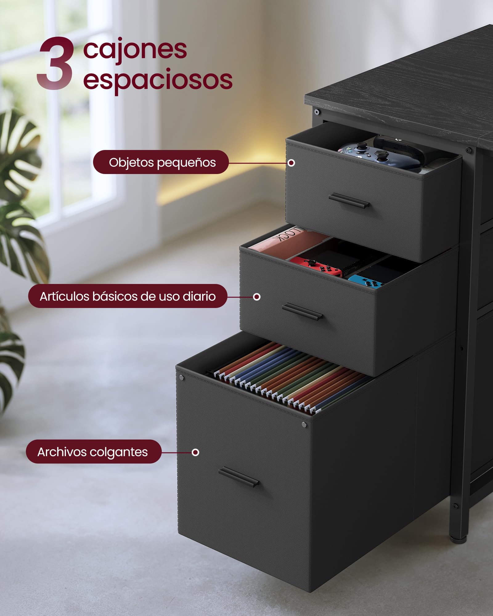 VASAGLE Escritorio en Forma de L, con Enchufes, Luces LED, Cajones y Soporte para Monitor, 140 x 100 x 150 cm, Negro, para Oficina en Casa y Gaming, Colección Barnet LWD162B101