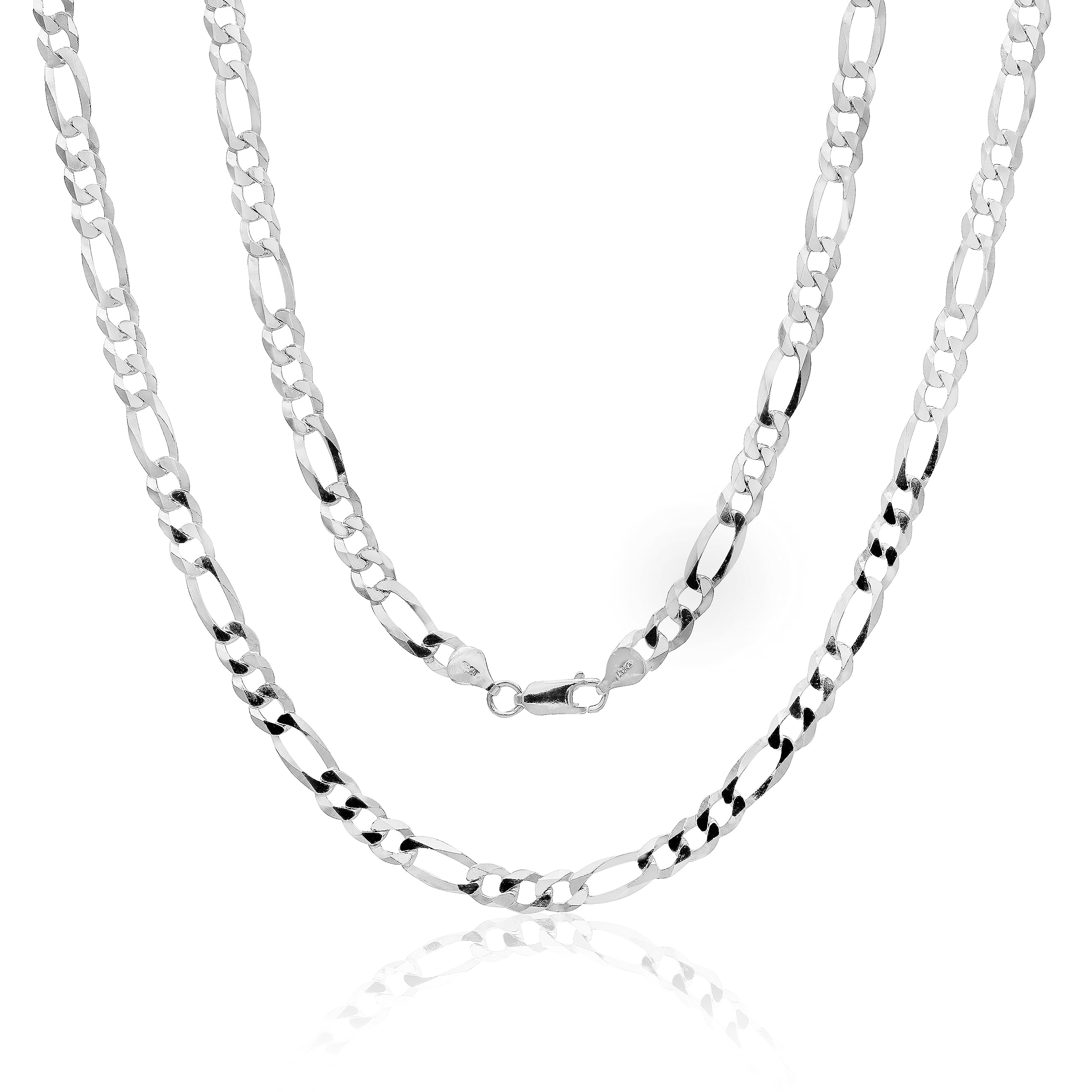 Aka GioielliItalian 925 Sterling Silver 7mm Diamond-Cut Figaro Link Chain - Solid Sterling Silver Necklace for Men and Women - Made in Italy